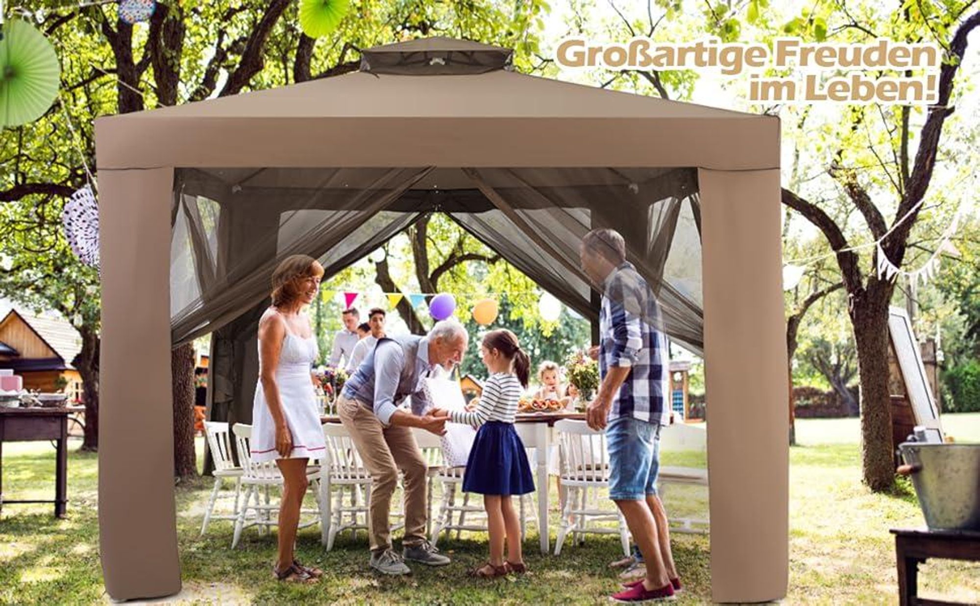 COSTWAY Gartenpavillon Gartenzelt mit 4 Seitenwänden, Moskitonetz & Reißverschluss, Pavillon Partyzelt Festzelt Sonnenschutz 300x300x265cm Kaffee