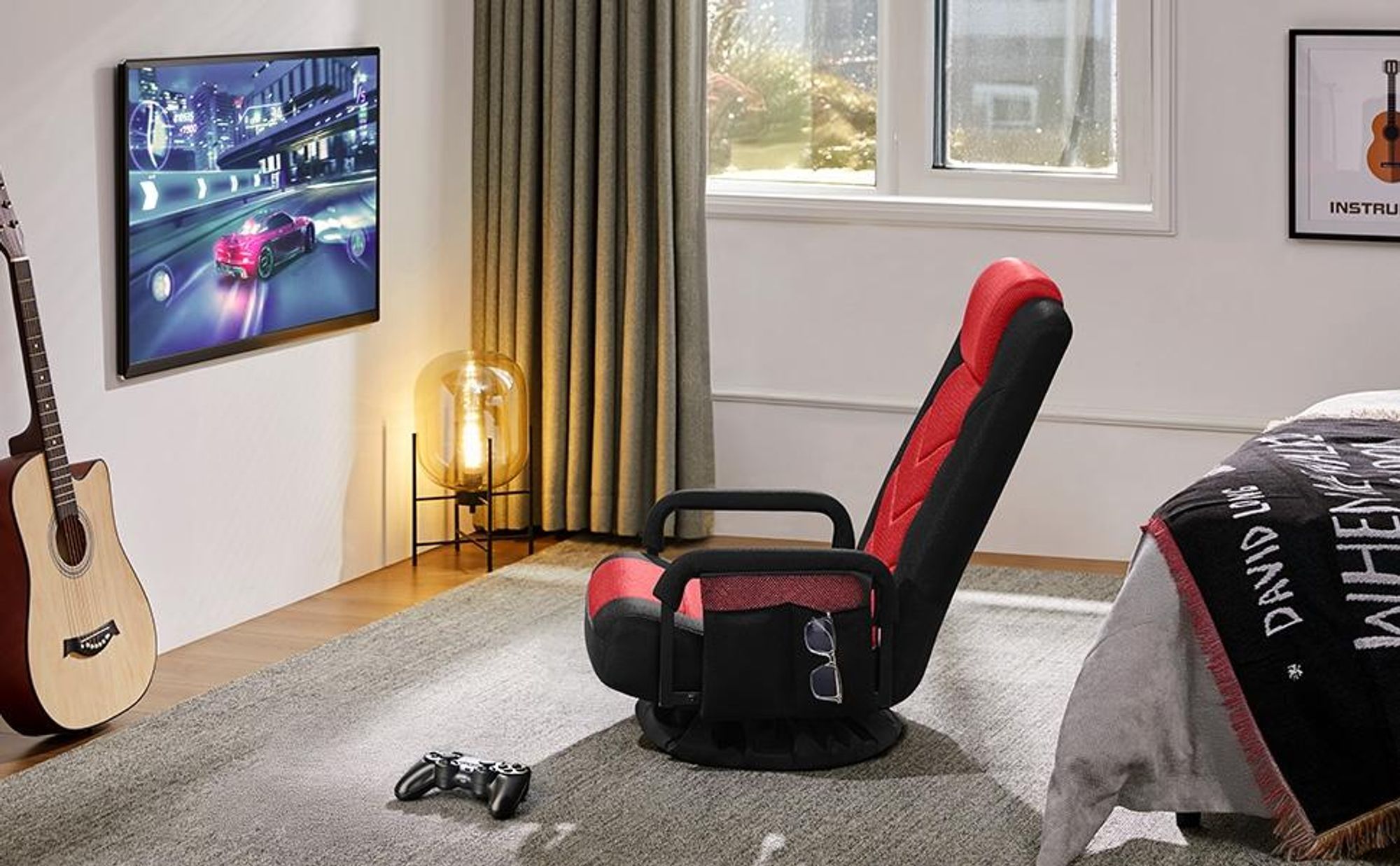 Yaheetech Bodenstuhl drehbarer Gaming-Stuhl mit verstellbarer Rückenlehne, klappbarer Bodensessel, Schwarz-Rot