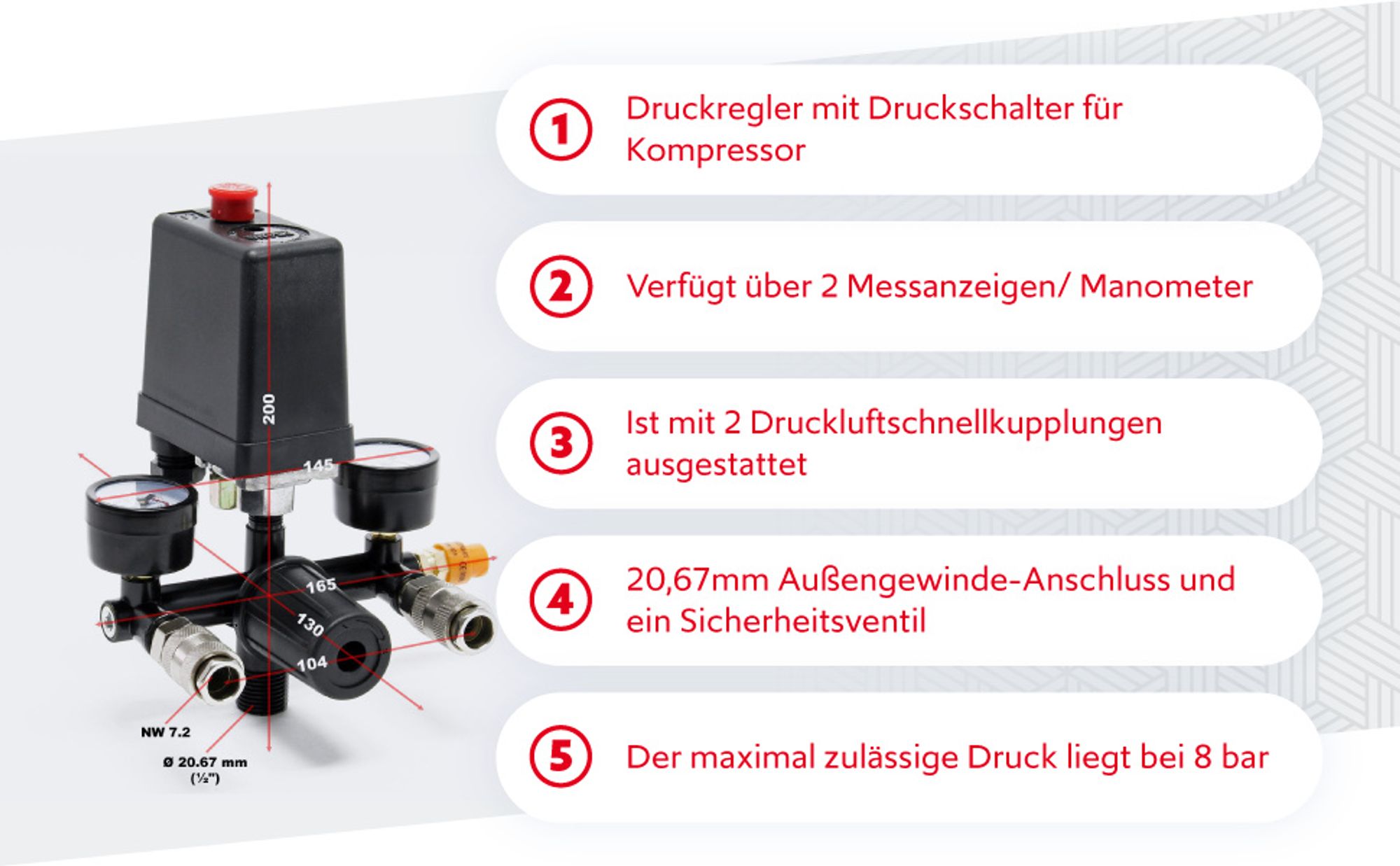 Wiltec Druckregler 165 x 130 x 200 mm mit Druckschalter für Kompressor, Druckminderer bis 8 bar rmit 2 Anzeigen, 2 Kupplungen und Sicherheitsventil