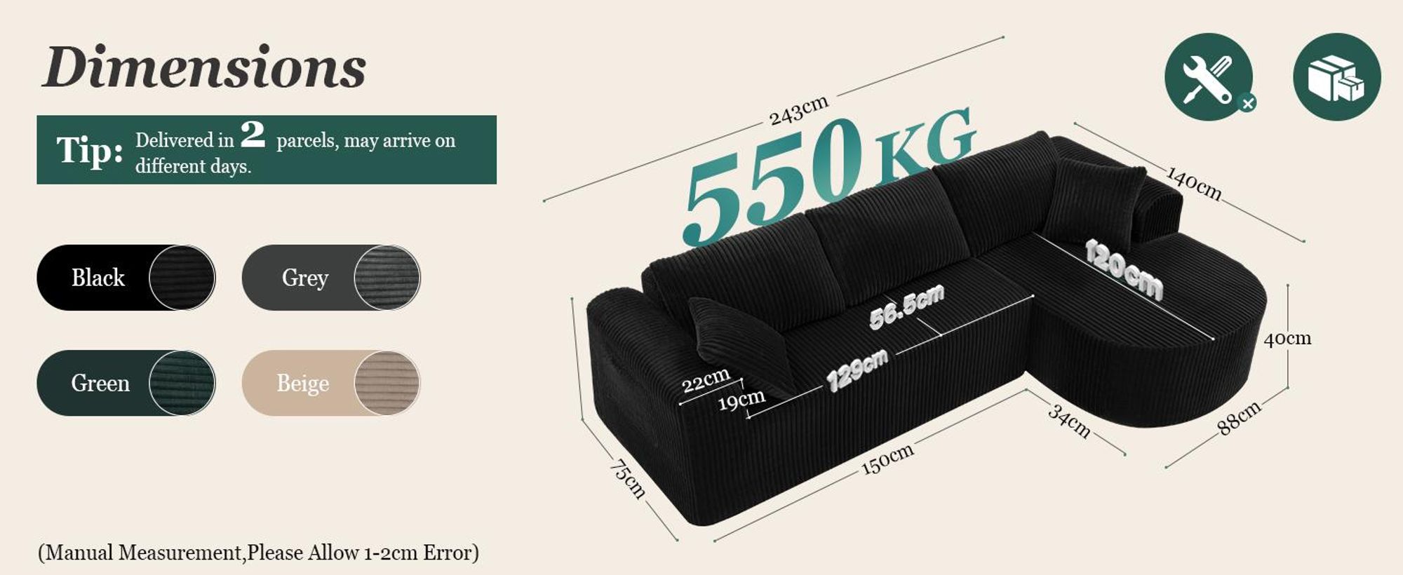 Sofa narożne z funkcją spania, obite tkaniną welurową. Modułowa sofa bezszkieletowa z podnóżkiem, narożnik, sofa z funkcją spania w kształcie litery L, sofy modułowe z poduszkami i kieszeniami bocznymi, szerokość 243 cm