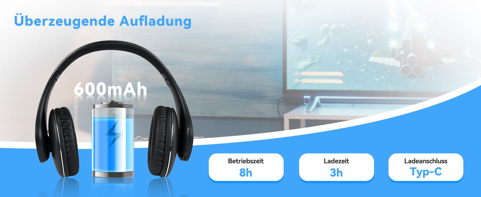 Retekess TA005P Kabellose Kopfhörer für TV, Ohrenschützer der zweiten Generation, High-Definition-Klangqualität, mit Kopfhörerständer, für Familien