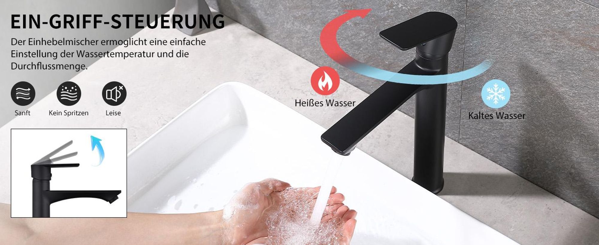 Homelody Wasserhahn Bad Schwarz,Waschtischarmatur Mischbatterie Einhebelmischer für Aufsatzwaschbecken, Ablaufventil mit Pop-up Mechanismus