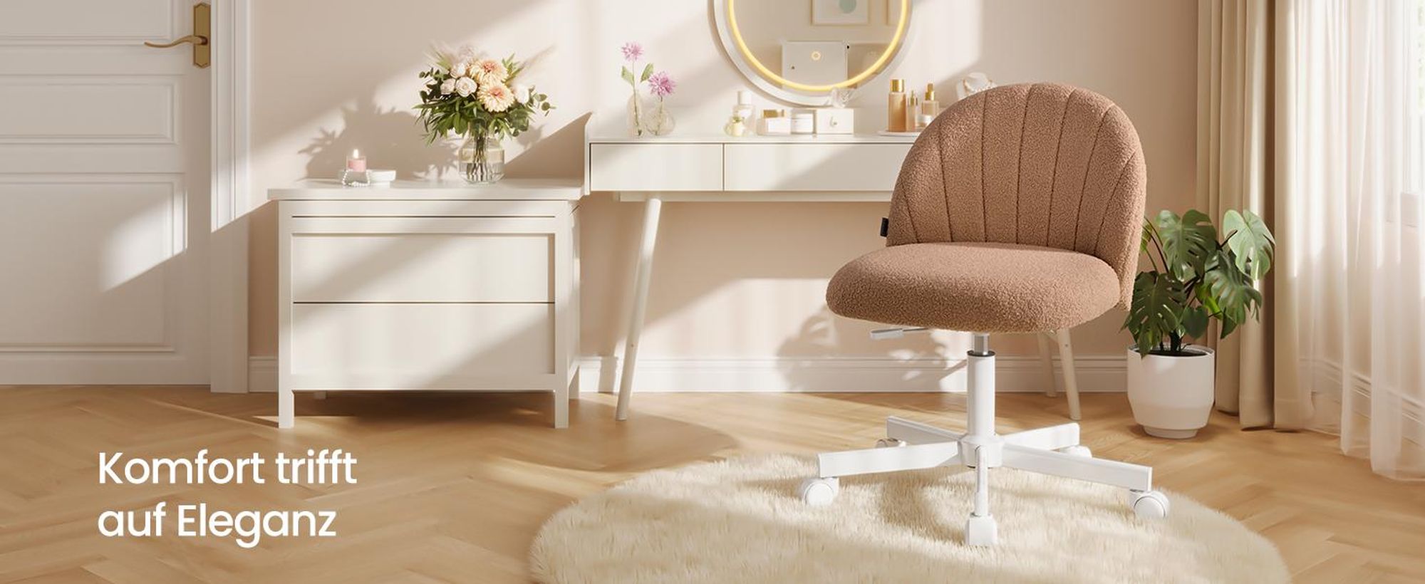 SONGMICS Schminkstuhl, Bürostuhl, Teddy-Fleece-Oberfläche, höhenverstellbar, kompaktes Design, karamellbraun