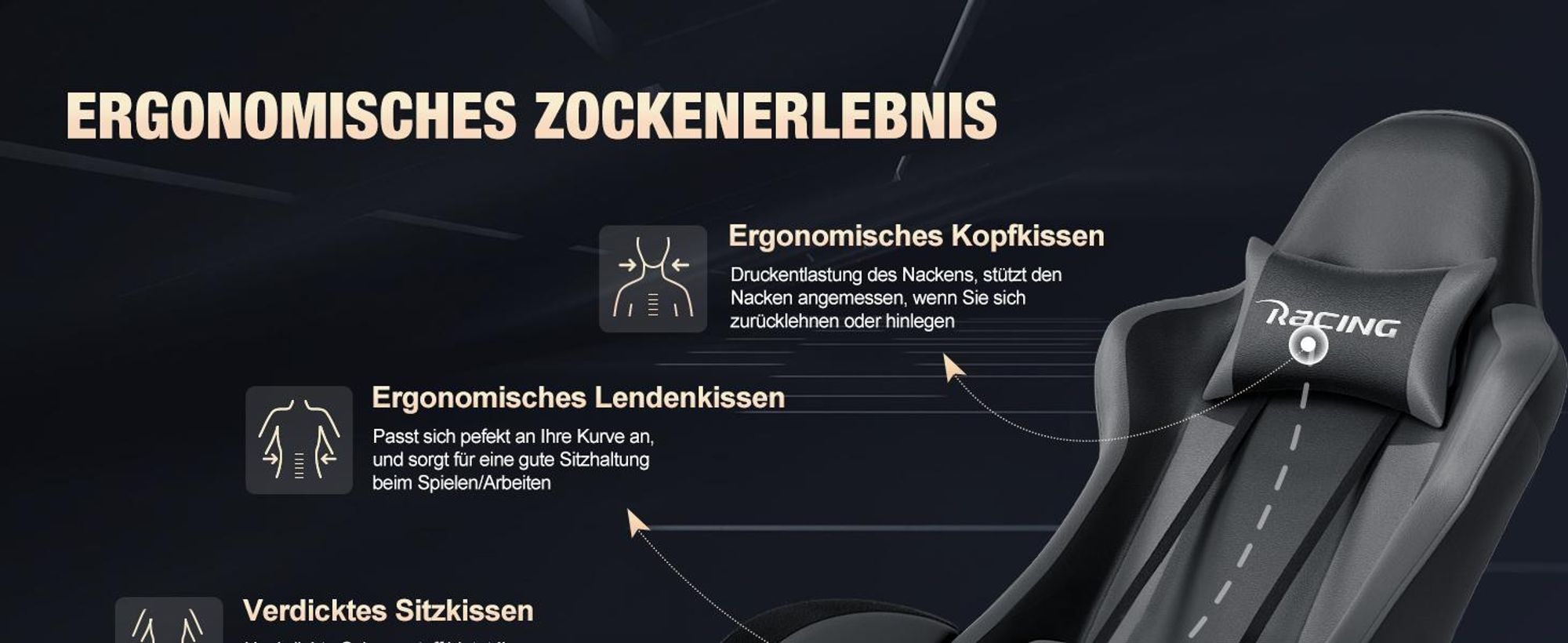 Portreen Gaming Stuhl,Bürostuhl Ergonomischer Gaming Sessel mit Lendenwirbelstütze Fußstütze, gepolstert,Kopfkissen Gaming Stuhl, 150kg Gaming Chair