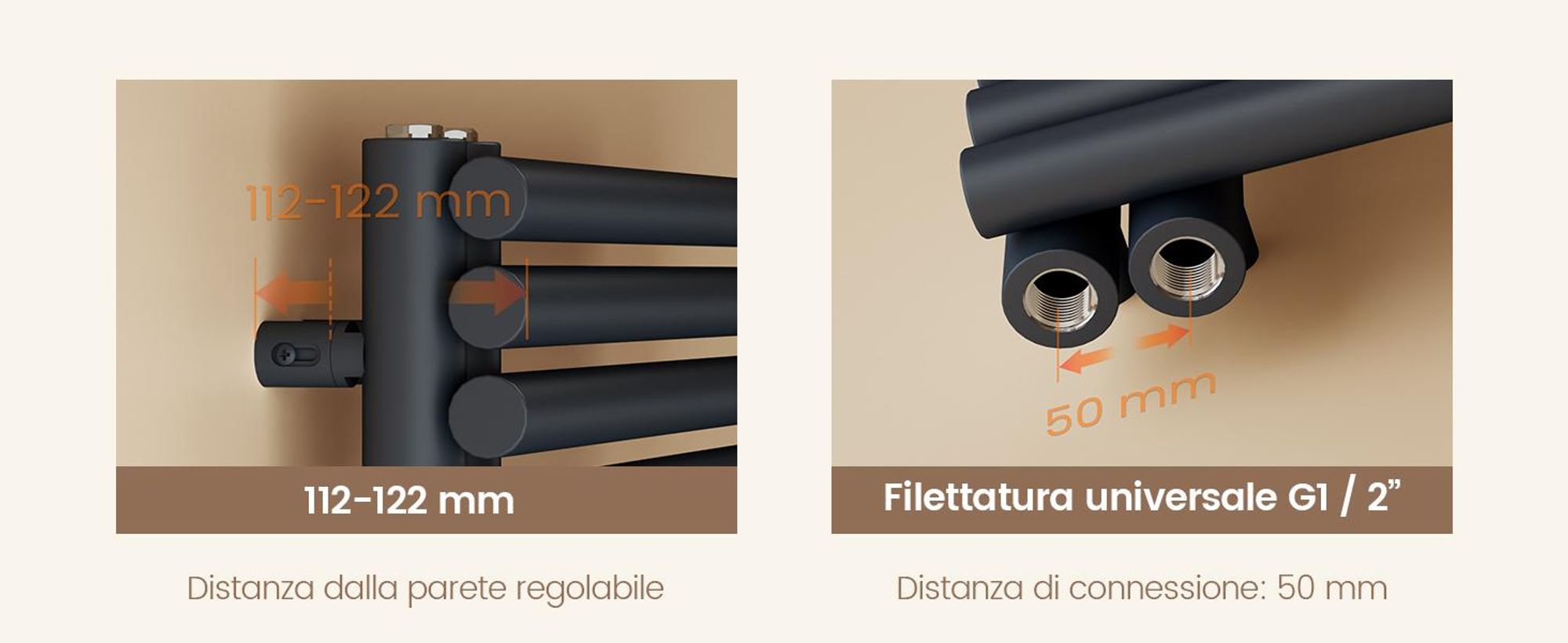 EMKE Radiatore scaldasalviette con attacco laterale antracite Tubo tondo 126,5 × 60 cm 776 W Scaldasalviette Bagno per funzionamento ad acqua calda Montaggio a parete senza resistenza elettrica