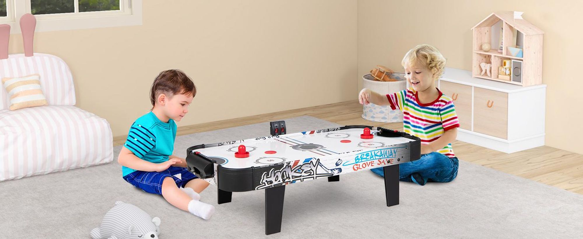 COSTWAY Airhockey Tisch, Airhockeytisch mit LED-Punktezähler, 2 Pucks, 2 Griffe & 2 Ziele, Lufthockey, Eishockey, Tischhockey, 106,5 x 53,5 x 30,5 cm