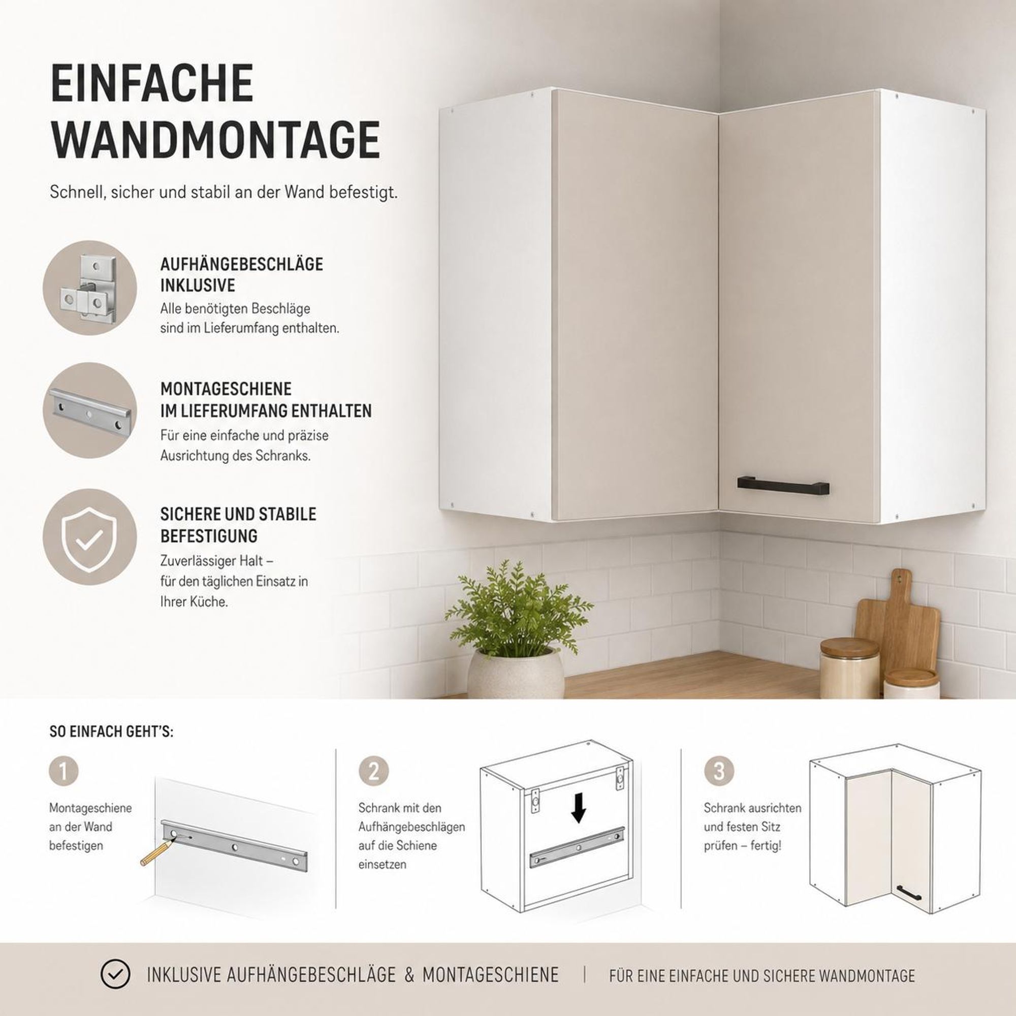 Offener Eckhängeschrank 60x60 Kaschmir mit Geschirr, 1 Fachboden, 2 Stauraumebenen.