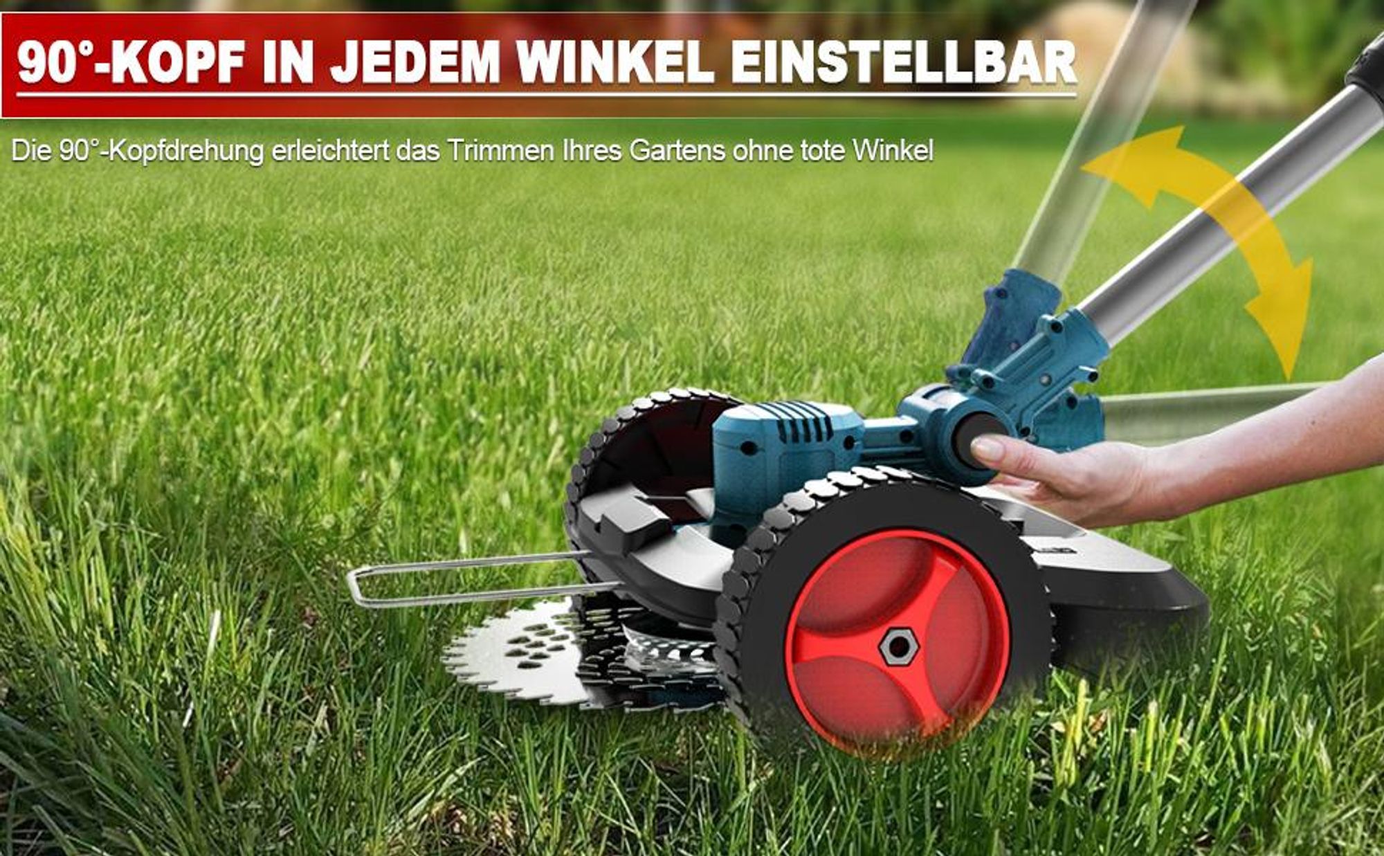 Akku Rasentrimmer mit 2x 4000mAh Akkus, Höhenverstellbar, Leichtgewicht, Freischneider mit Unkrautbürste, Sägeblatt, Kunststoff & Metallklingen