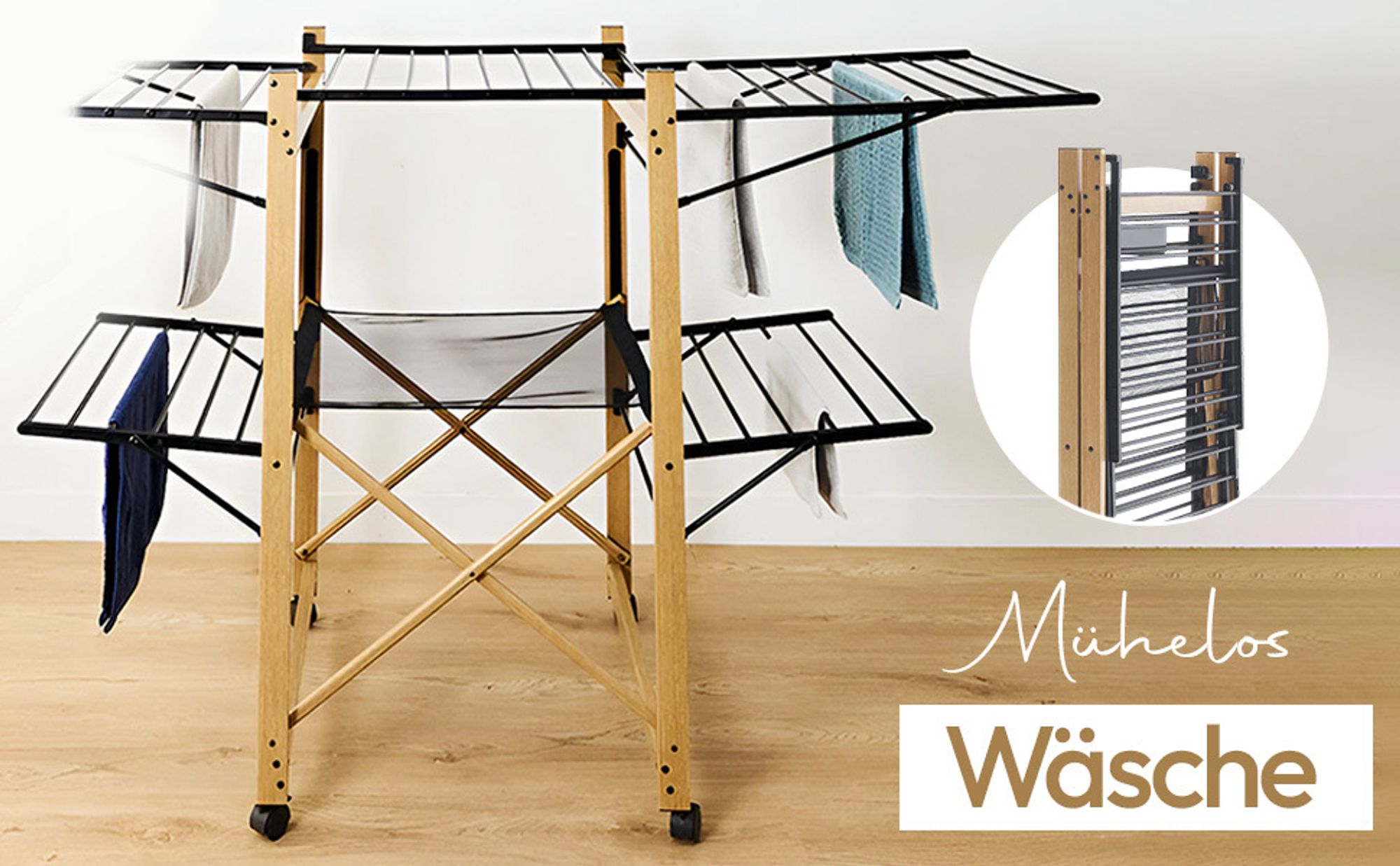 Meisterhome® Wäscheständer Standtrockner 30m Trockenleinenlänge, Flügelwäscheständer, Flügelwäschetrockner platzsparend, Metall, für Kleidung, Handtücher, Wäsche, für drinnen und draußen - Schwarz/Weiß, Farbe:Schwarz