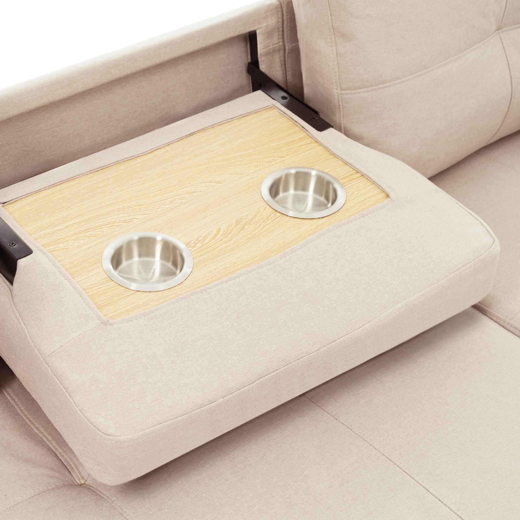 Merax Ecksofa, L-Form Couch Schlafsofa mit Schlaffunktion, Bettkasten, Kissen, Seitentaschen, herunterziehbarem Getränkehalter, Linen Bettsofa, Beige