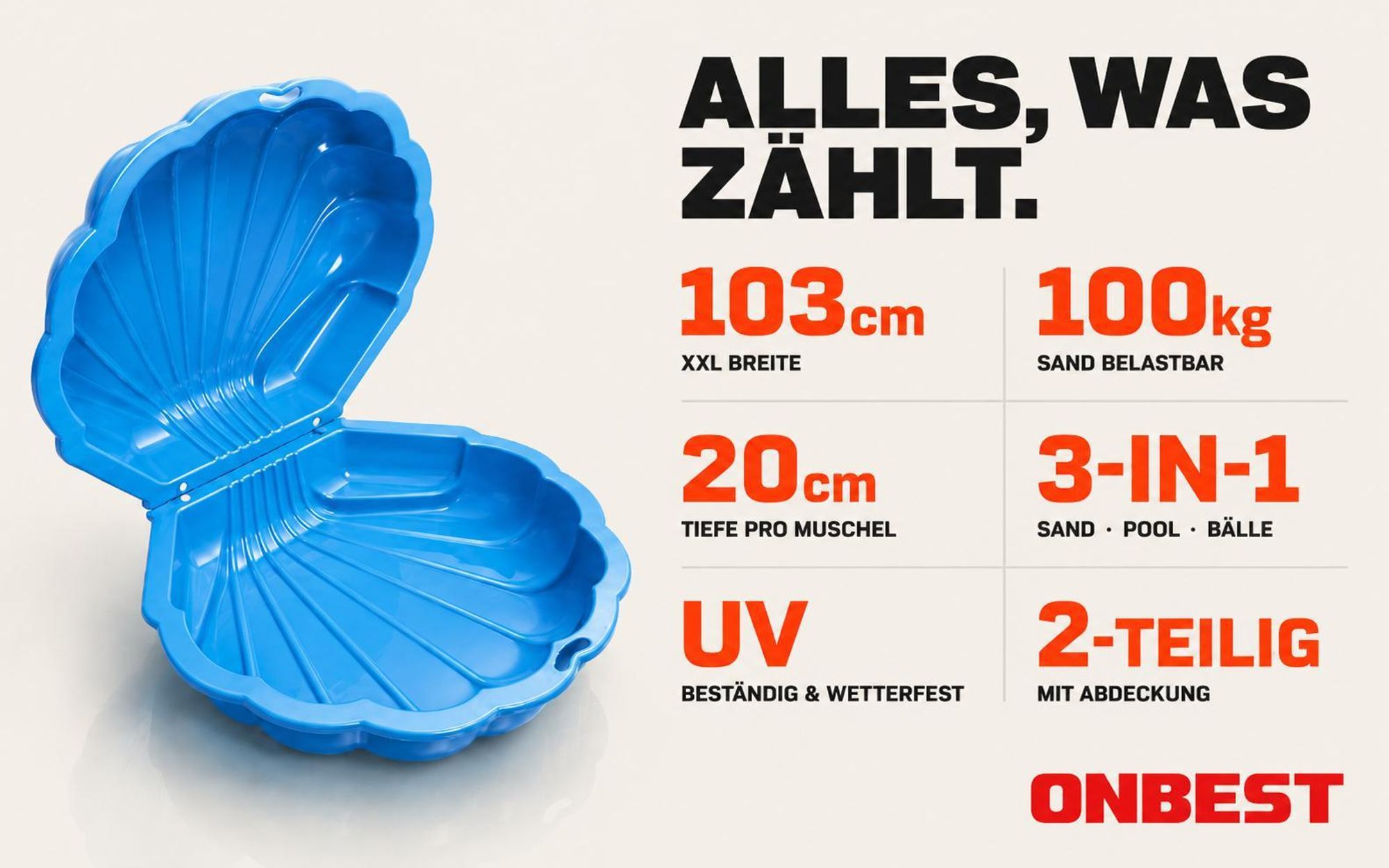ONBEST Sandkasten 2in1 Sandmuschel mit Deckel | 100 kg | Kunststoff | Blau | ‎88 x 78 x 38 cm