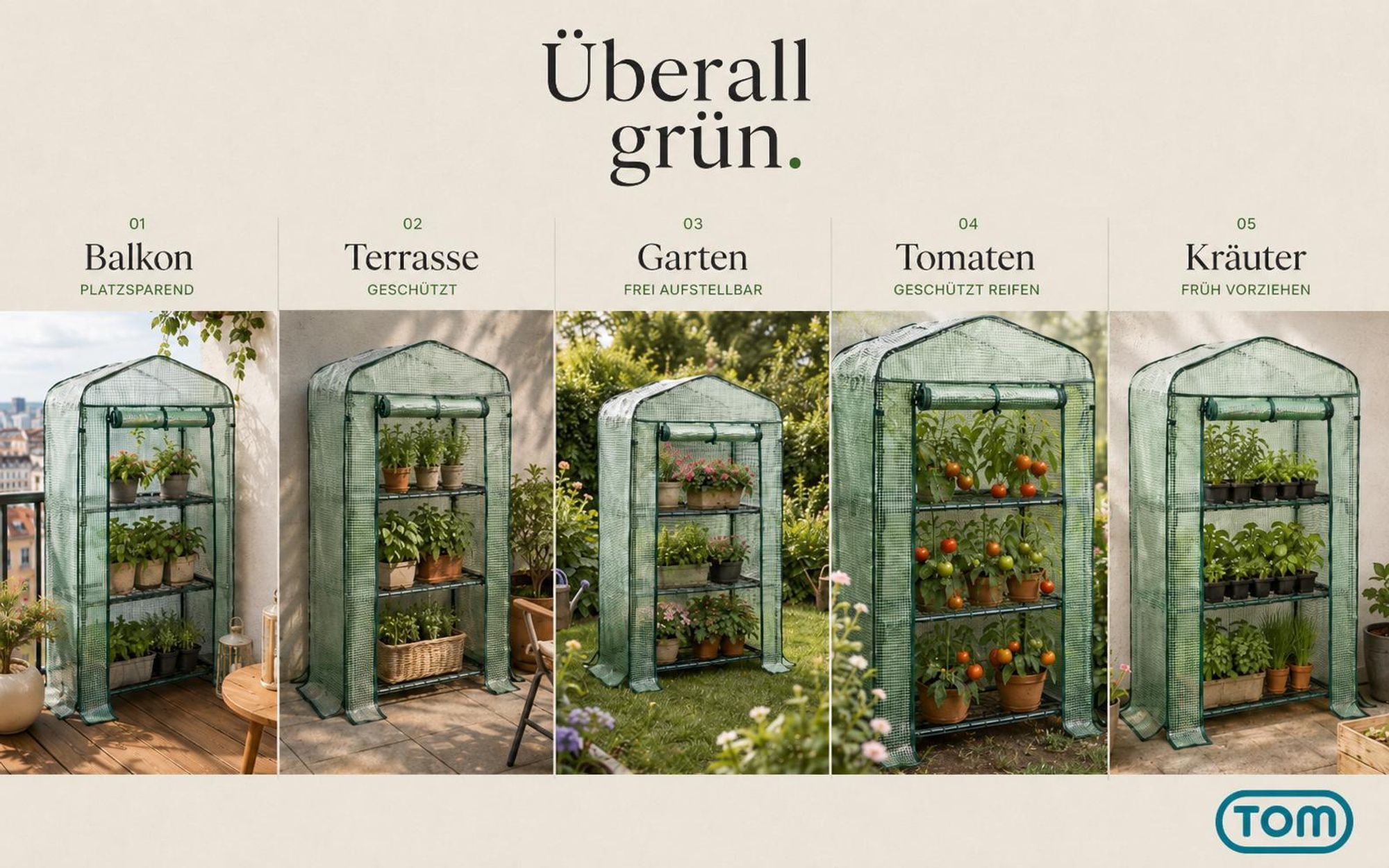 TOM Folien Gewächshaus | 0,3 m² | 140g/m² | Gitterschutzfolie | Wasserfest | UV-Beständig | integrierte Gitterablagen | Erdanker