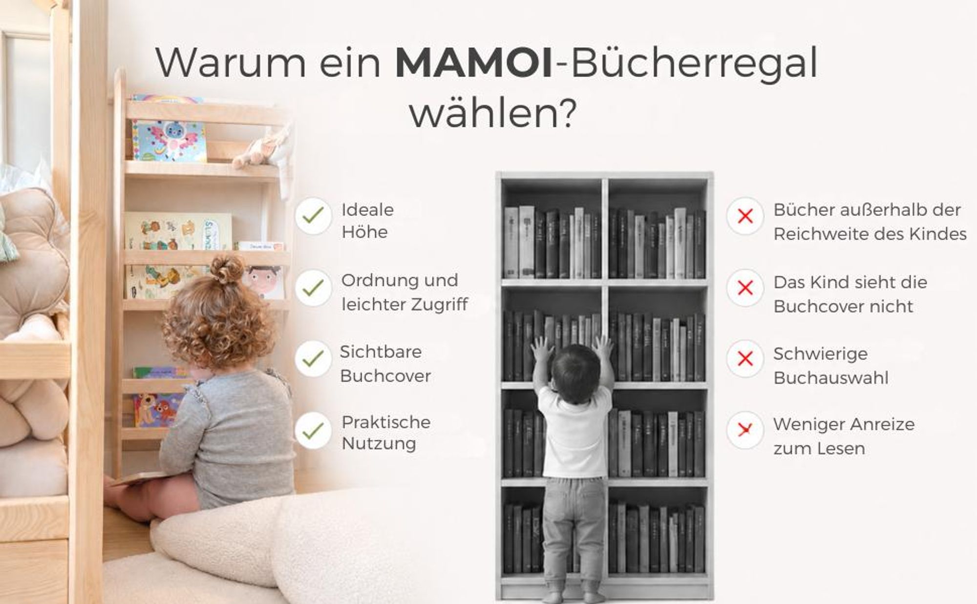 MAMOI® Kinderbücherregal aus Holz – Bücherkiste, Kinderbücherregal, Bücherregal für Kinderzimmer, Bücherbank, Wandregal, Montessori Kindermöbel