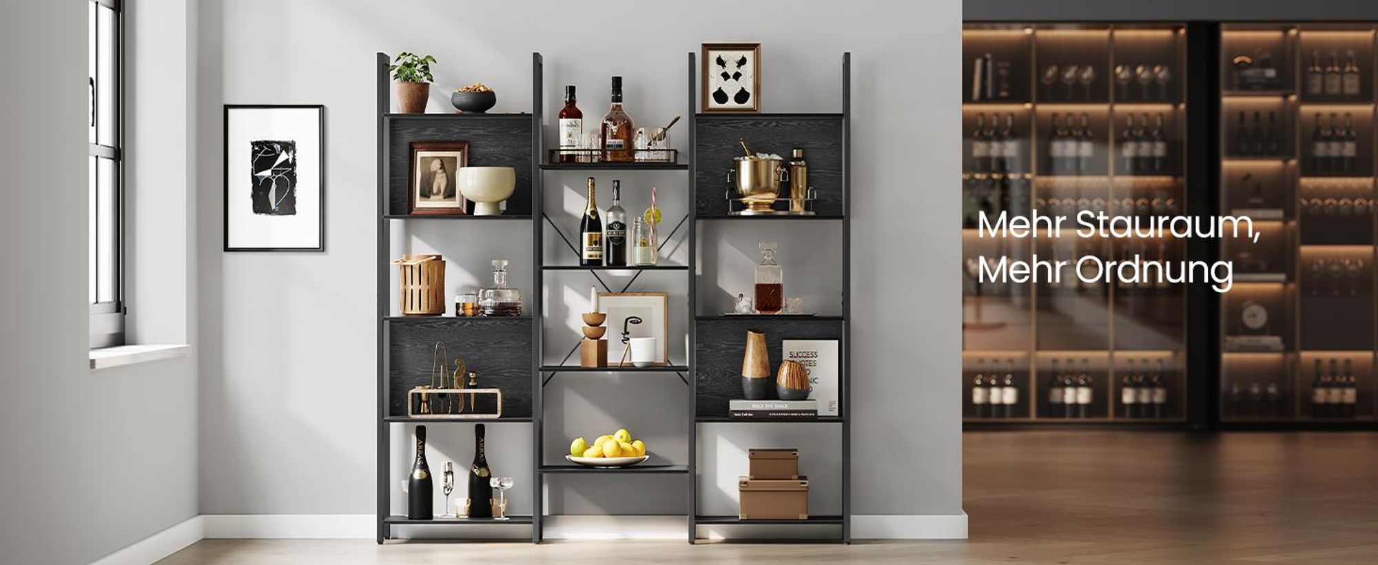 VASAGLE Bücherregal, Standregal mit 14 Ablagen, Regal mit Metallrahmen, Industrie-Design, 24 x 158 x 166 cm, ebenholzschwarz-tintenschwarz