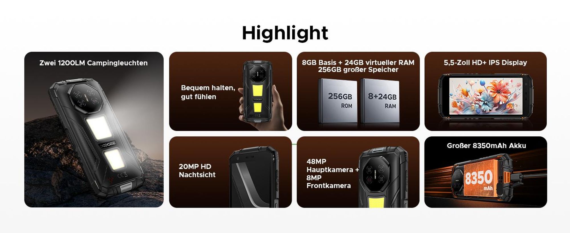 DOOGEE Fire 3 Max Outdoor Smartphone Handy, 4G, IP68/IP69K, 5,5" HD+, 48MP, 8350mAh, 18W, 32+256GB, NFC, Fingerabdruck, ohne Vertrag