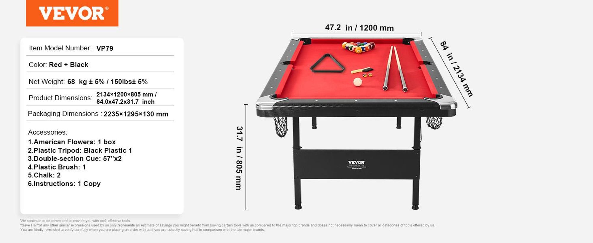 VEVOR Billardtisch, 192 cm Pooltisch, tragbarer faltbarer platzsparender Tisch, Billardtisch-Set beinhaltet Kugeln, Queues, Kreide und Bürste, schwarz mit rotem Tuch, perfekt für das Familien-Spielzimmer für Kinder und Erwachsene, 214 cm, Rot-a