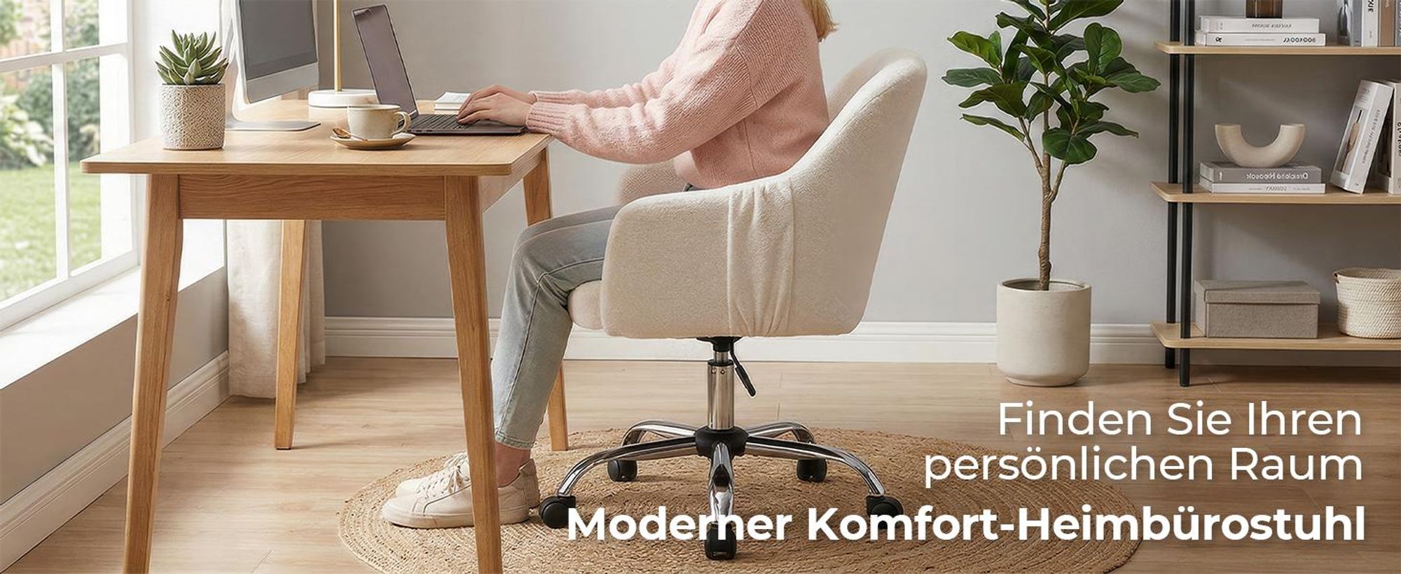 Schreibtischstuhl mit Armlehnen, Drehstuhl mit Rollen, Bürodrehstuhl, Polsterstuhl , Elfenbein