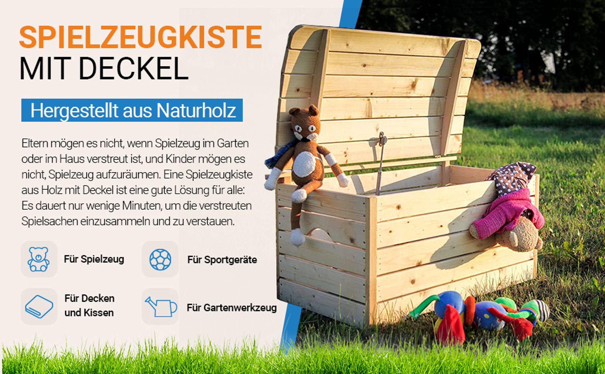 Holzkiste Mit Deckel - Aufbewahrungsbox Garten 80 x 50 x H47 cm – TIMBELA M034-1
