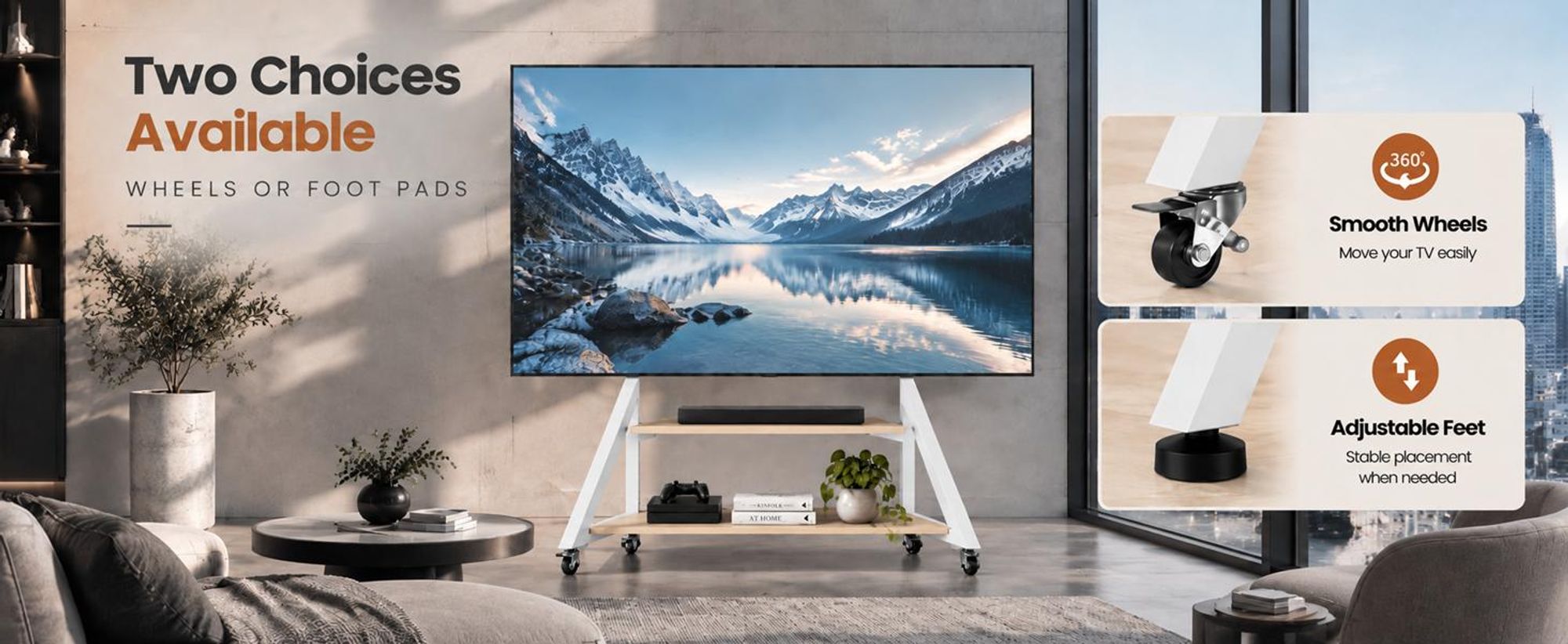 WISFOR TV Ständer Höhenverstellbar, TV Standfuss mit Rollen, Universal Fernsehstand mit AV-Ablagen für 40"–75", VESA 600x400mm, bis Max 80kg, weiß