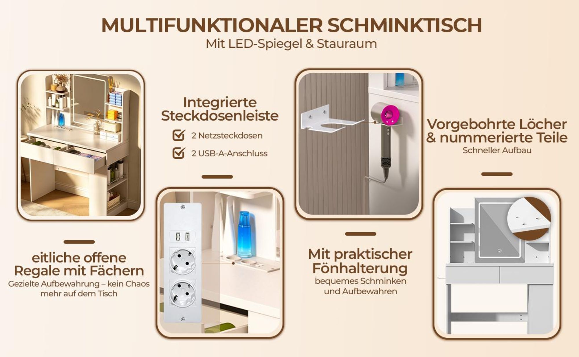 Schminktisch Mit Spiegel Mit Schubladen Mit verstellbarer LED-Beleuchtung Frisiertisch Kosmetiktisch 90 x 40 x 135 cm, Weiß