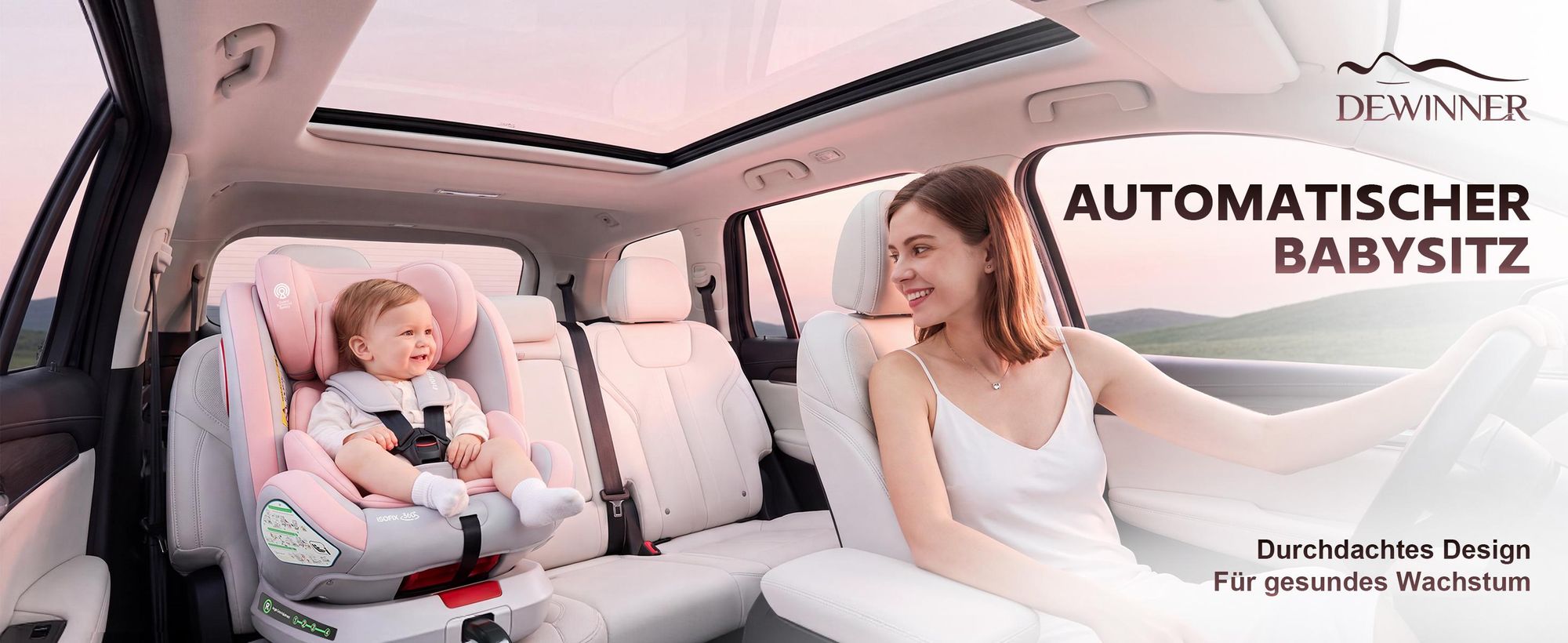 DEWINNER ISOFIX-Kindersitz 0 bis 36 kg – um 360° drehbarer Kindersitz, I-Size Gruppe 0+1/2/3 (40–150 cm), 5-Punkt-Gurt, Verschleißschutzpolster, Rosa