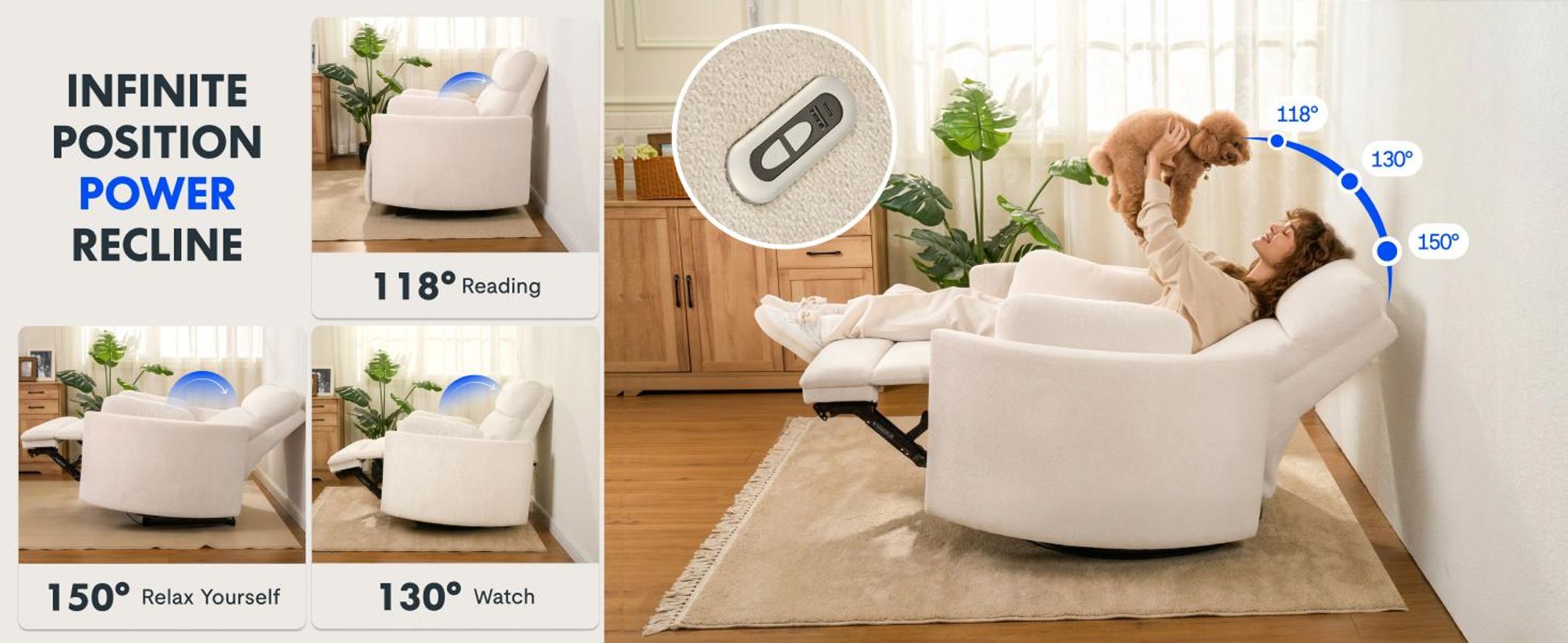 FLEXISPOT Mochi Pro Zero-Wall XXL Elektrischer Relaxsessel, 1,5-Sitzer mit 138 cm Sitzbreite, Fernsehsessel für Große&Schwere, Klemmschutz&USB-C,Beige