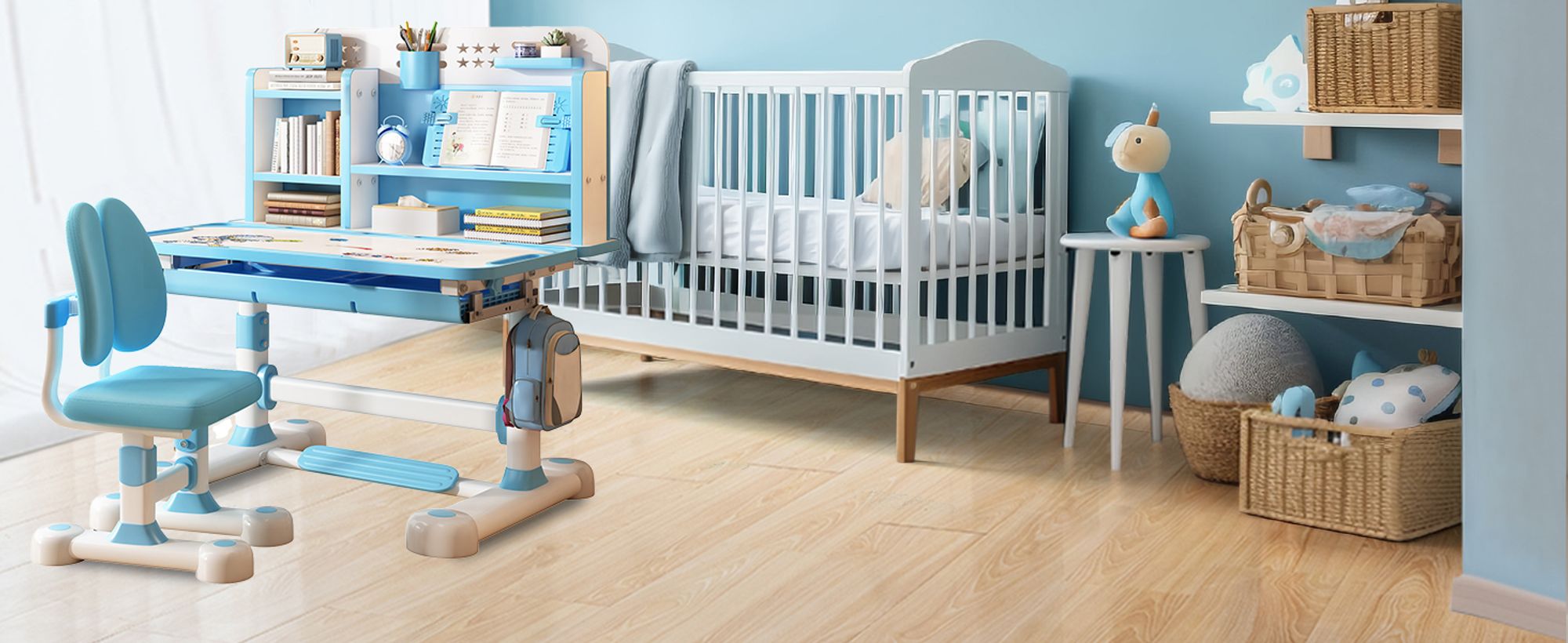 2Pcs/Set Kinder Studie Schreibtisch Stuhl Set, höhenverstellbar Kinder Schule Studie Tisch Stuhl Set mit Sitzkorrektor, mit Buch Stand, Fußpedal Blau