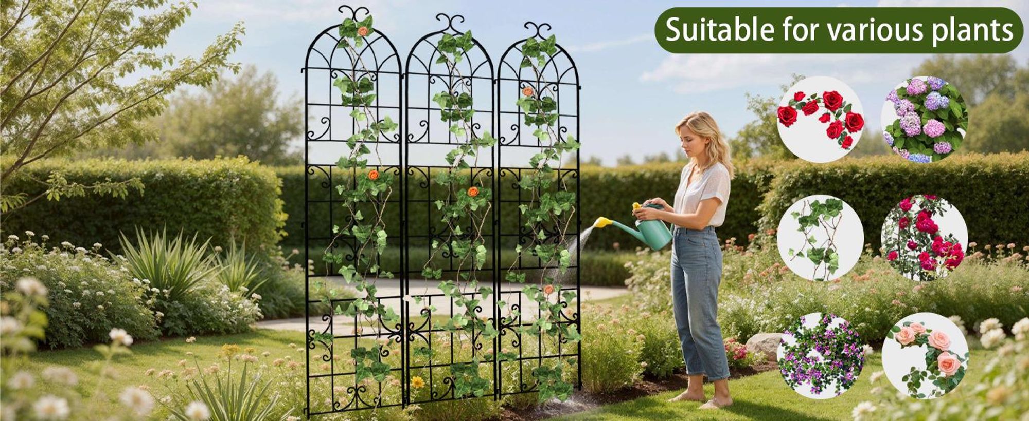 WISFOR Rankhilfe Metall, 3er Set, rostfreies Metallspalier für Gartenblumen, Rankgitter für Rosen, Gurkenstütze, Pflanzengitter, 148 x 220 cm