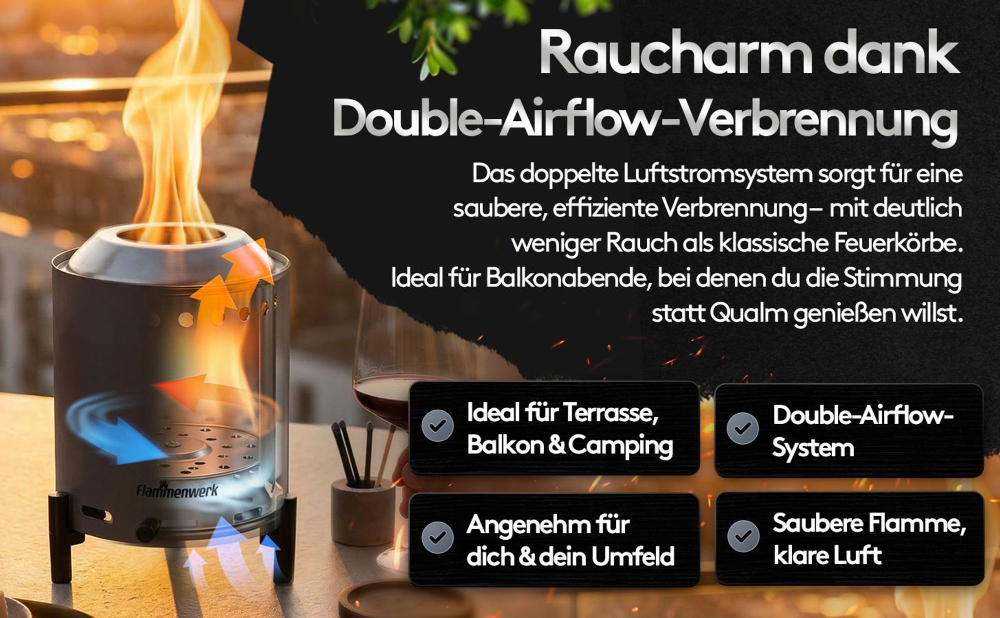 Raucharmes Tischfeuer, Tischkamin Outdoor für Pellets & Holz – Outdoor-Tischfeuer 360° Luftregulierung– Perfekt für Balkon, Terrasse & Camping