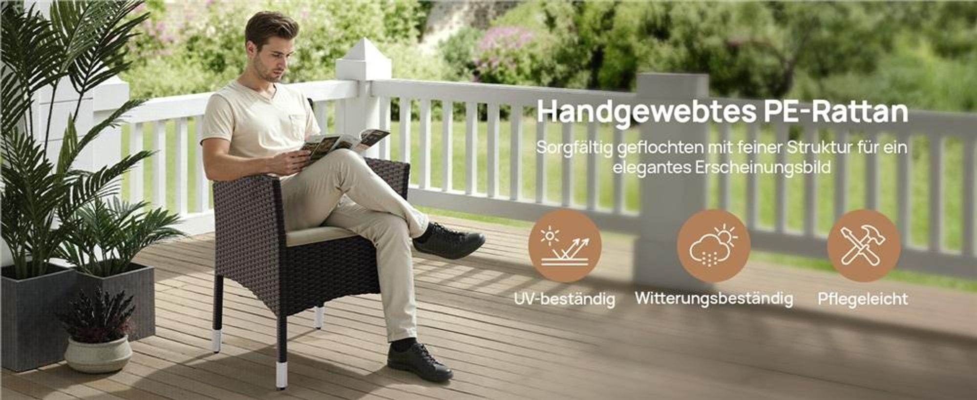 Yaheetech 2er Set Gartenstuhl aus Polyrattan, inkl. Sitz- & Rückenpolster, Gartenmöbel Set mit 2 Sessel, wasserabweisend & waschbar, Braun & Beige
