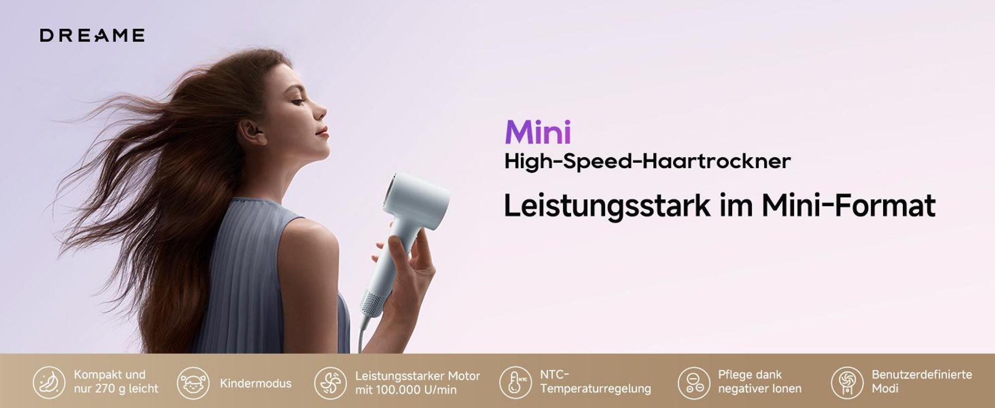 Dreame Mini Hochleistungs-Haartrockner,270g leicht,schnelltrocknend Fön,100K U/min Motor,NTC-Temperaturregelung, Negativ-Ionen,5 Steuerungsmodi,Blau