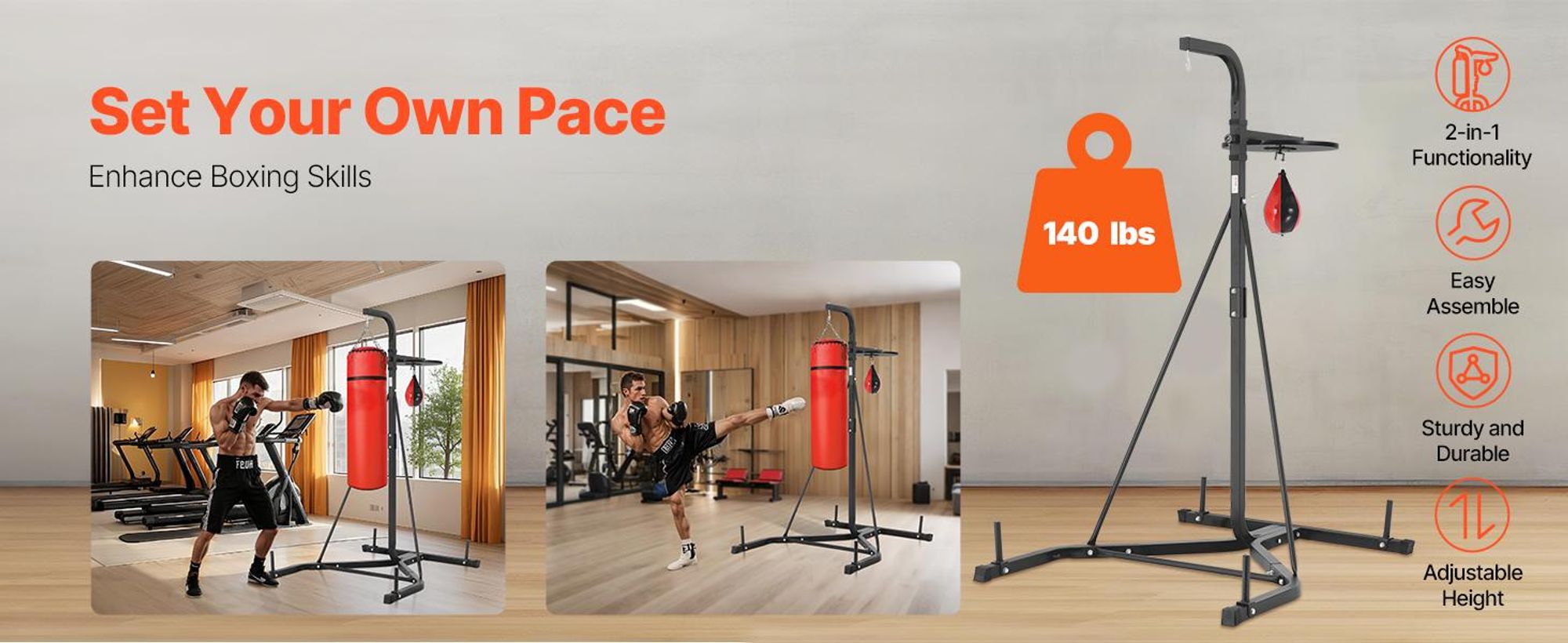 VEVOR 2 in 1 Boxsackständer, Stahl Schwerlast Trainingsgerät, Höhenverstellbarer Boxsackständer mit Klimmzugstange, Freistehender Sandsackhalter, Hält bis zu 140 lbs, für das Fitnessstudio zu Hause, 114x132x201 cm