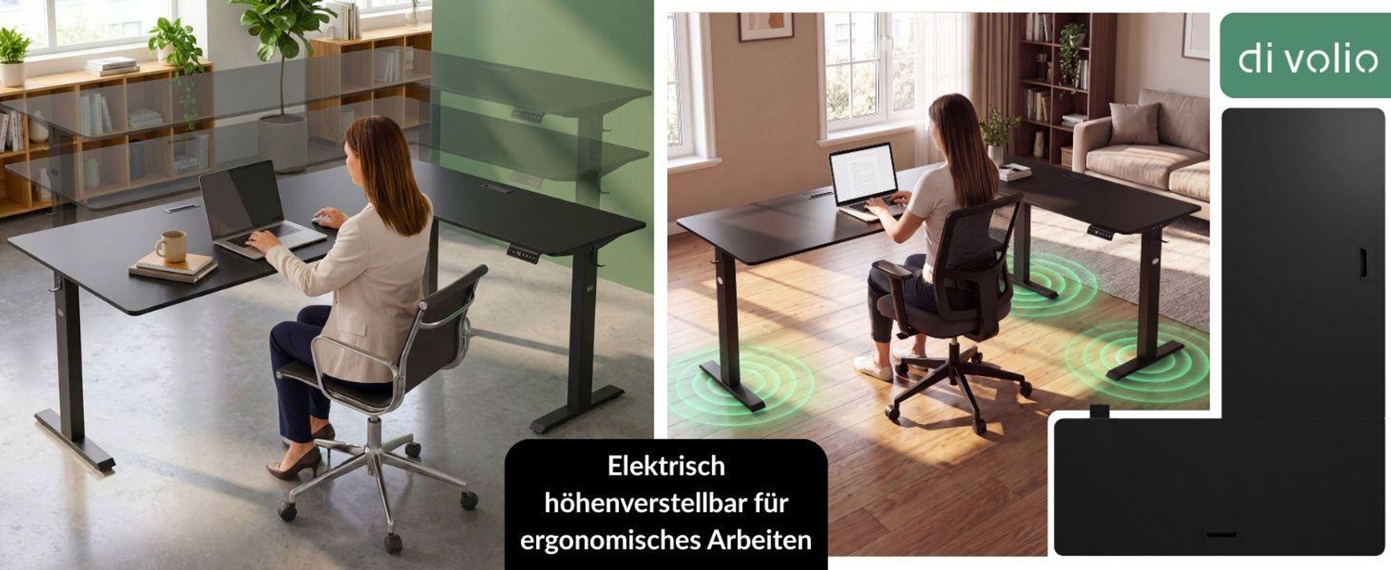 di volio Eckschreibtisch Trani rechts – elektrisch, höhenverstellbar, schwarz