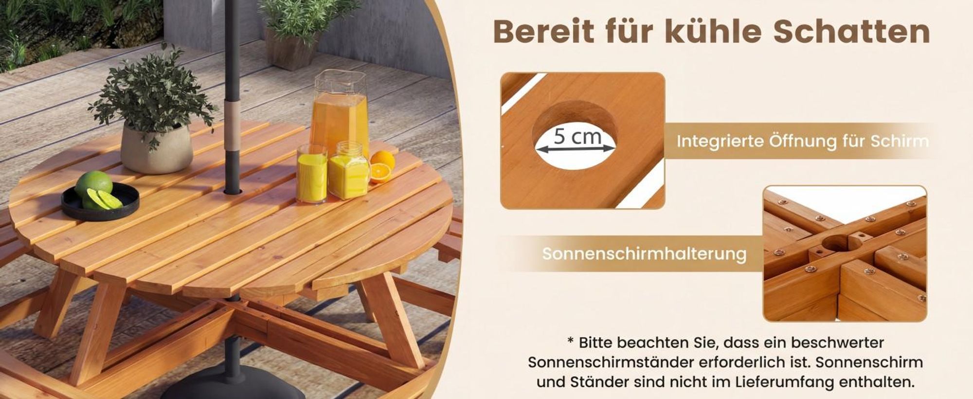 COSTWAY Gartenmöbel-Set für 8 Personen, Gartentisch mit Schirmloch & 4 Bänken, Picknicktisch Set rund, Sitzgarnitur Holz, Sitzgruppe Gelb