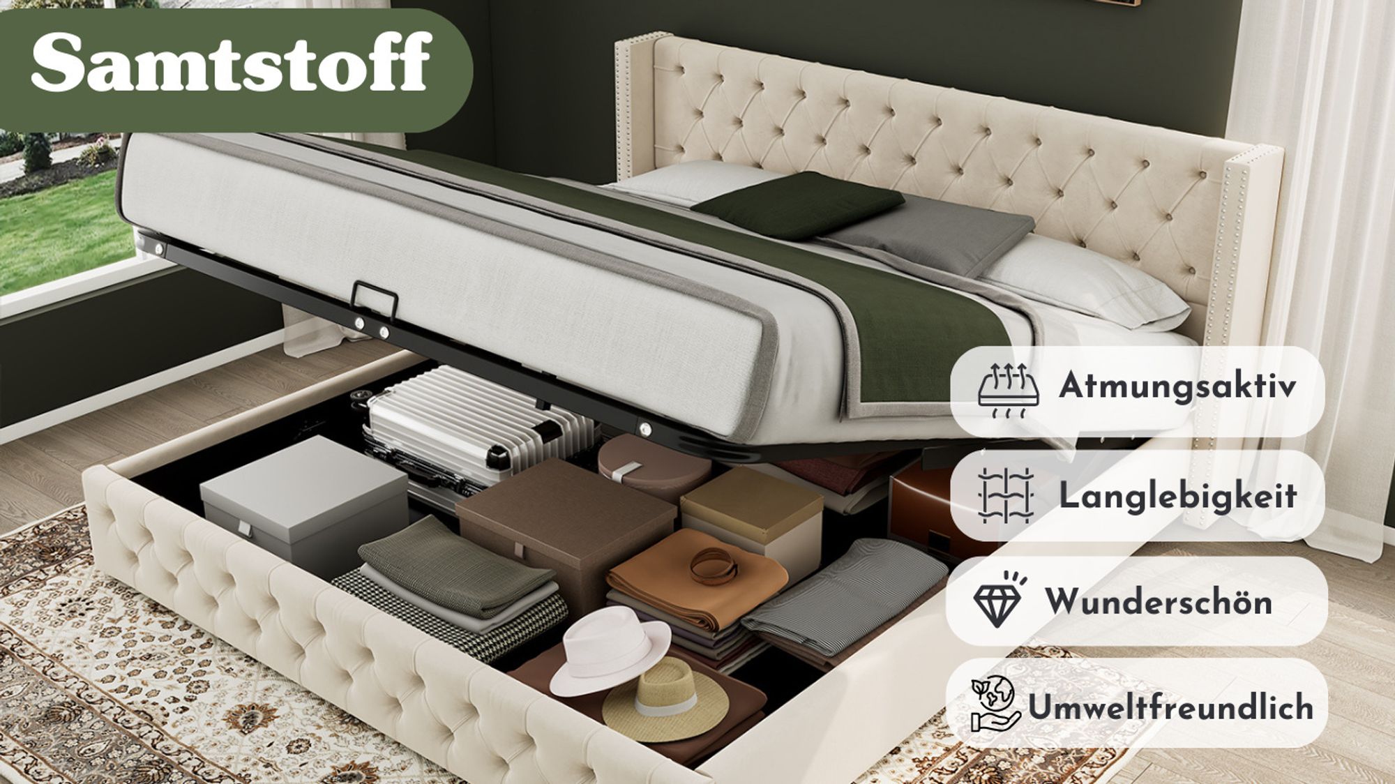 okwish Polsterbett 180*200cm Hydraulisches Doppelbett mit Stauraum, Bettkasten, Doppelte Nietenreihe Flanell, ohne Matratze- Beige