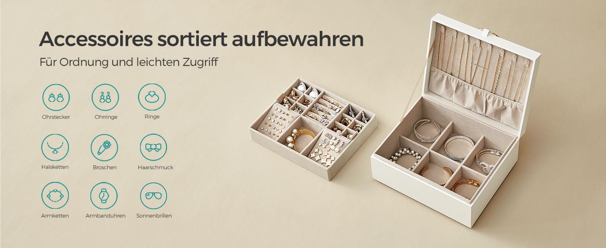 SONGMICS Schmuckkästchen, Schmuckkasten 2 Ebenen, herausnehmbares Schmucktablett