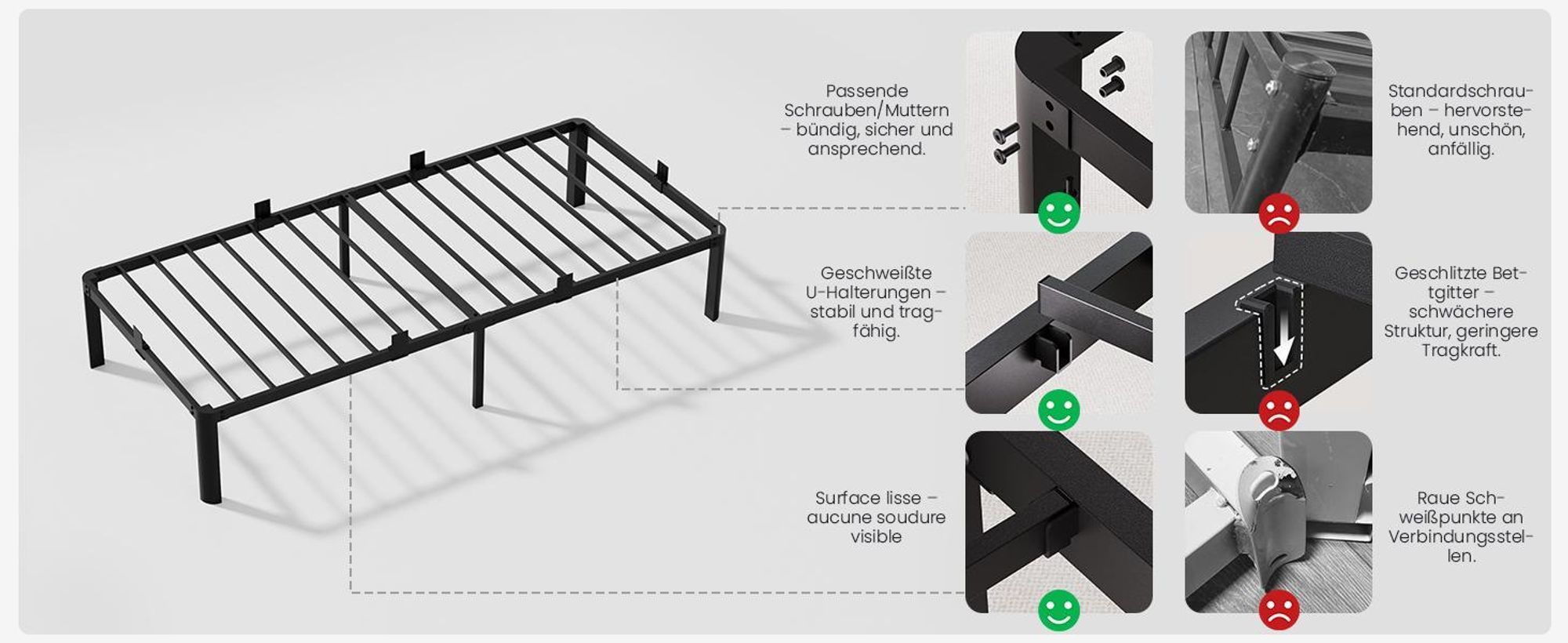 90 x 200 cm Bett , Bettgestell mit Stauraum, KUTAS Betten mit 14 Reihen Metalllamellen & fächerförmigen Füßen, Industriestil, bis 260 kg, Schwarz
