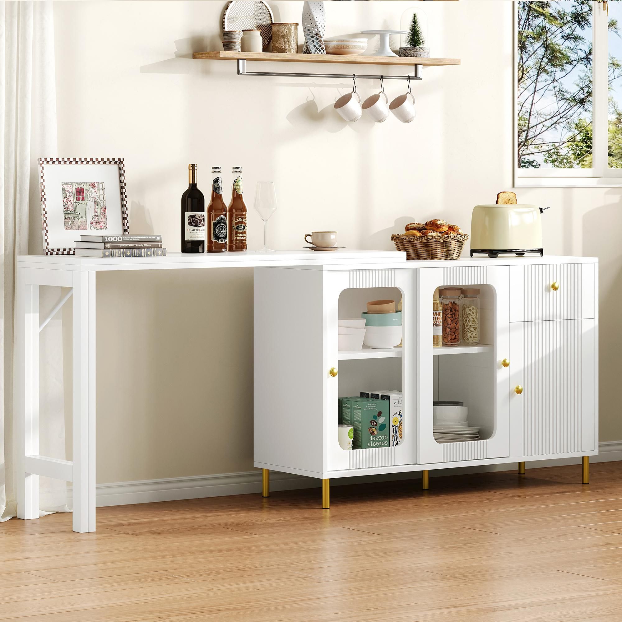 MERAX Sideboard mit ausziehbarer Tischplatte 360° drehbar Kommode mit Glasschiebetüren und Metallbeinen, Küchenschrank