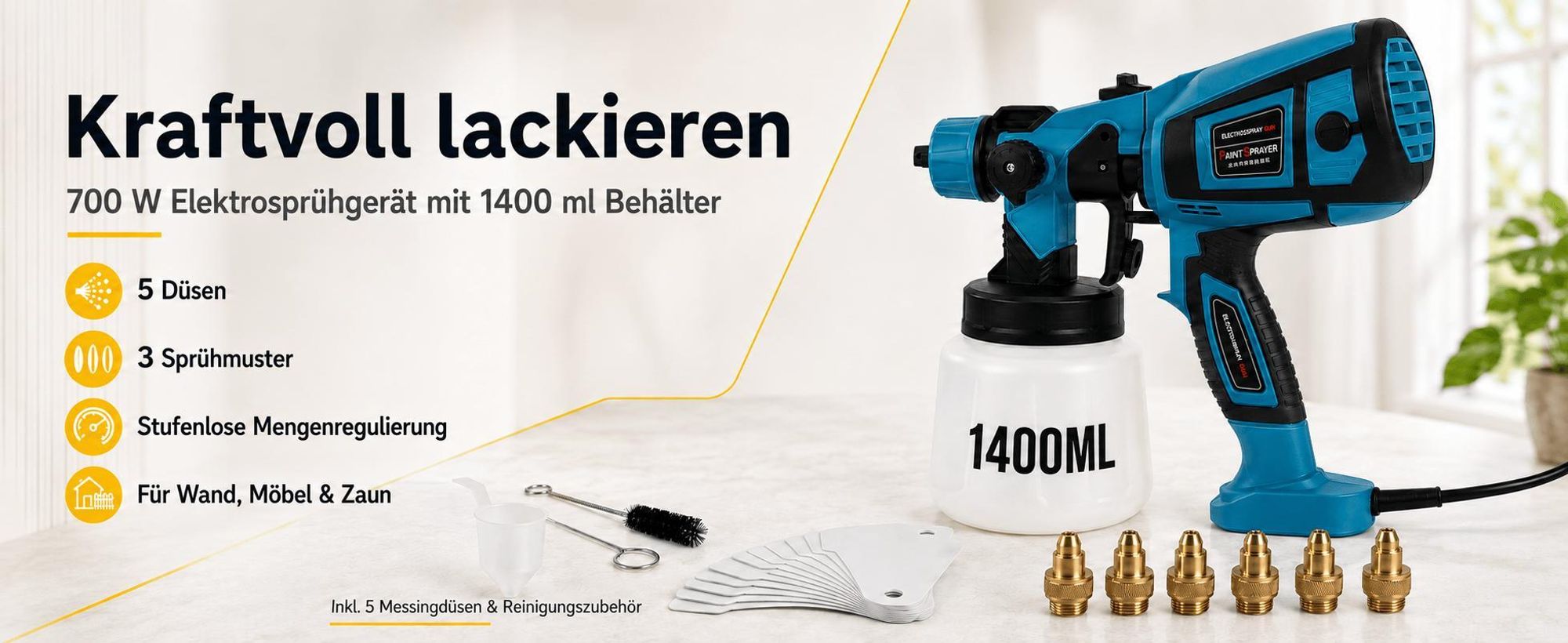 Farbsprühgerät Für Wandfarbe Farbsprühsystem Elektrisch 700W 1400ML 5 Kupferdüsen 3 Muster
