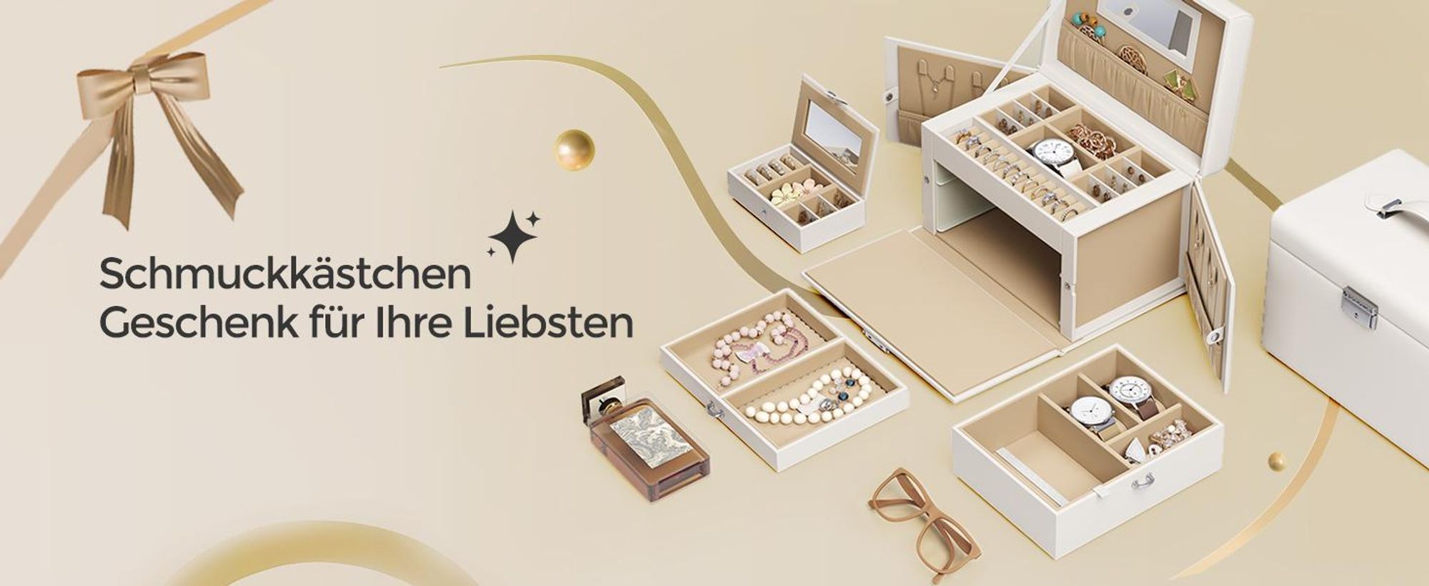 SONGMICS Schmuckkästchen 3 Ebenen, Schmuckschatulle mit 2 Schubladen, abschließbar