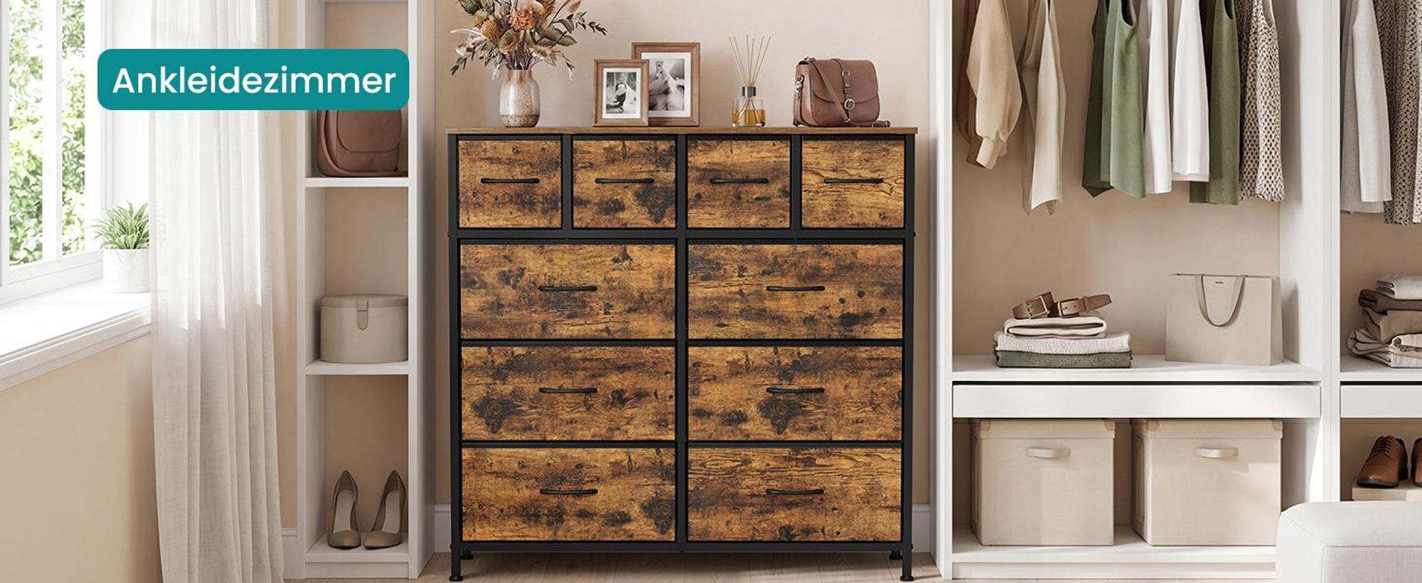SONGMICS Kommode mit 10 Stoffschubladen, Aufbewahrungsschrank mit Metallgestell, 98,7 x 30 x 96,2 cm, Braun