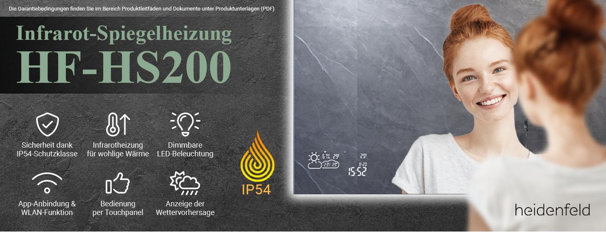 Heidenfeld LED Badezimmerspiegel | Wandspiegel mit Heizung - Infrarot Spiegelheizung - WLAN Display- Wetteranzeige - Dimmbar Anti-Beschlag - 200 Watt