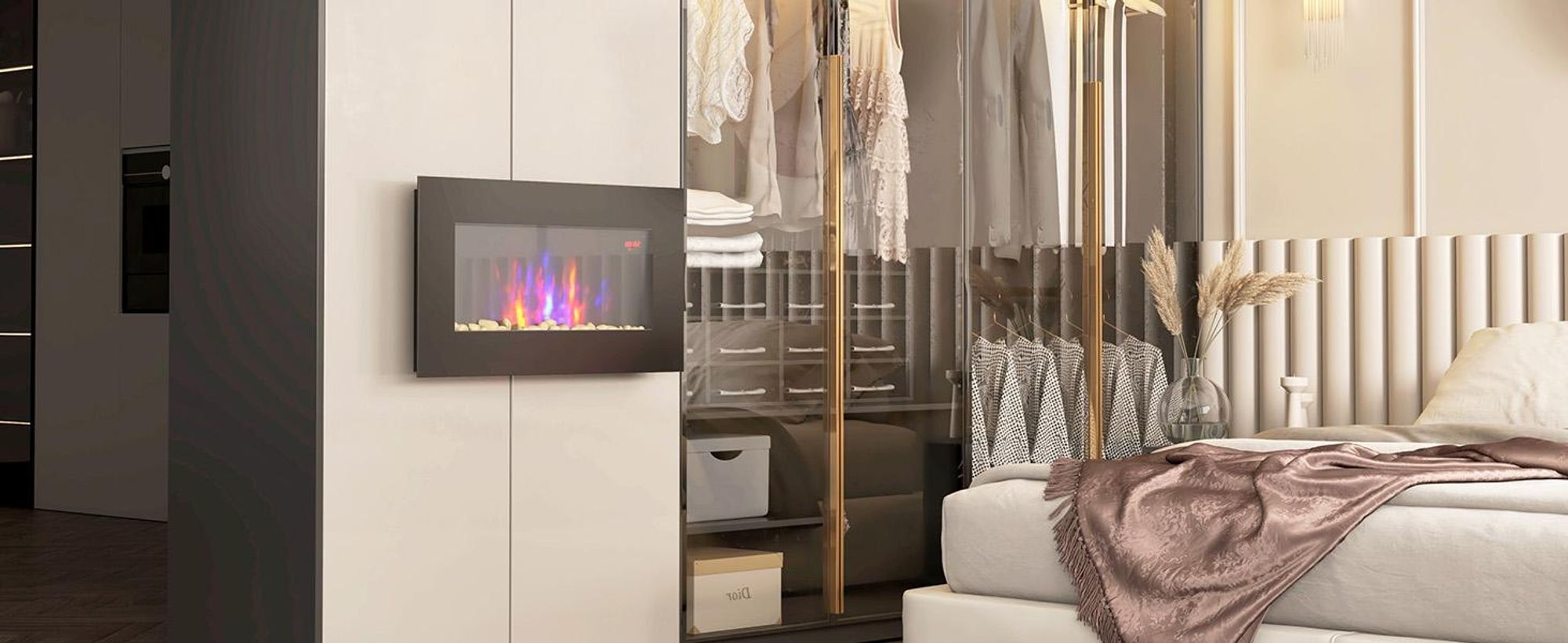 Kominek elektryczny HOMCOM z efektem płomienia LED, kominek ścienny 1000/2000 W, montaż na ścianie
