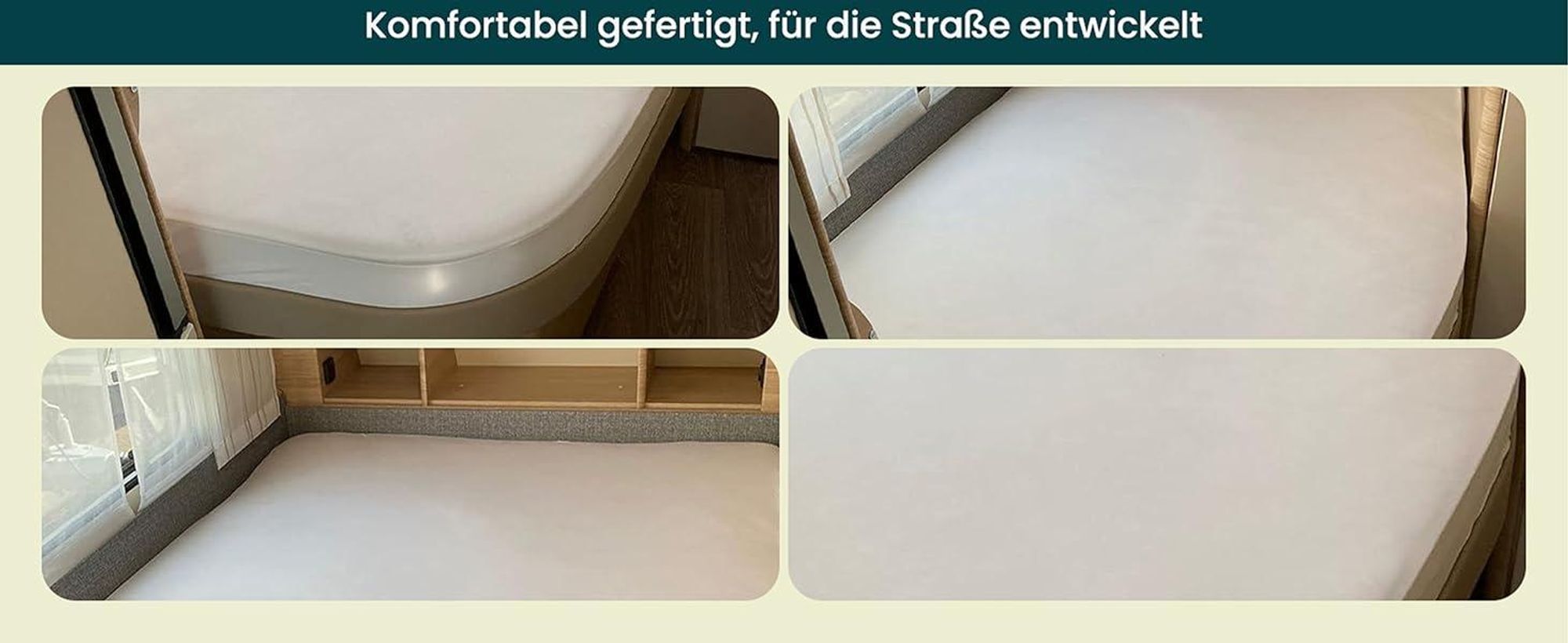Praktische Fotos, die das Spannbettlaken auf einer Queen-Size-Wohnmobilmatratze zeigen.
