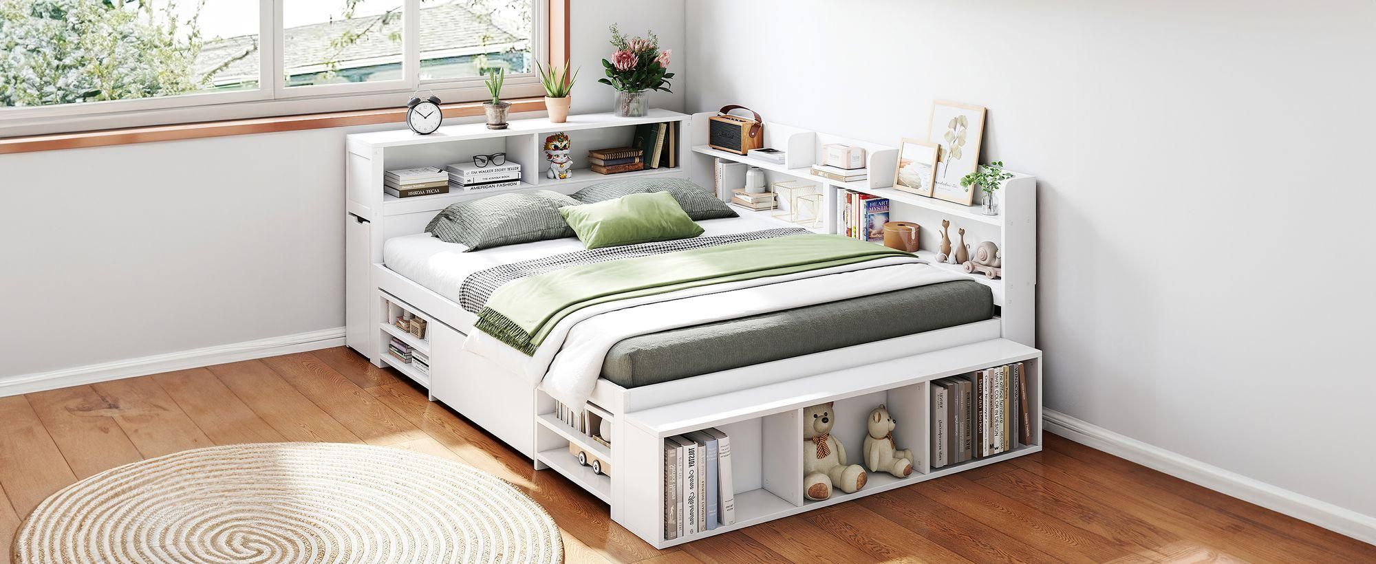 MODFU Kinderbett Schlafsofas Holzbett 140x200cm mit Schubladen und Lattenrost, Jugendbett mit Bücherregal und Stauschrank, großer Stauraum, weiß