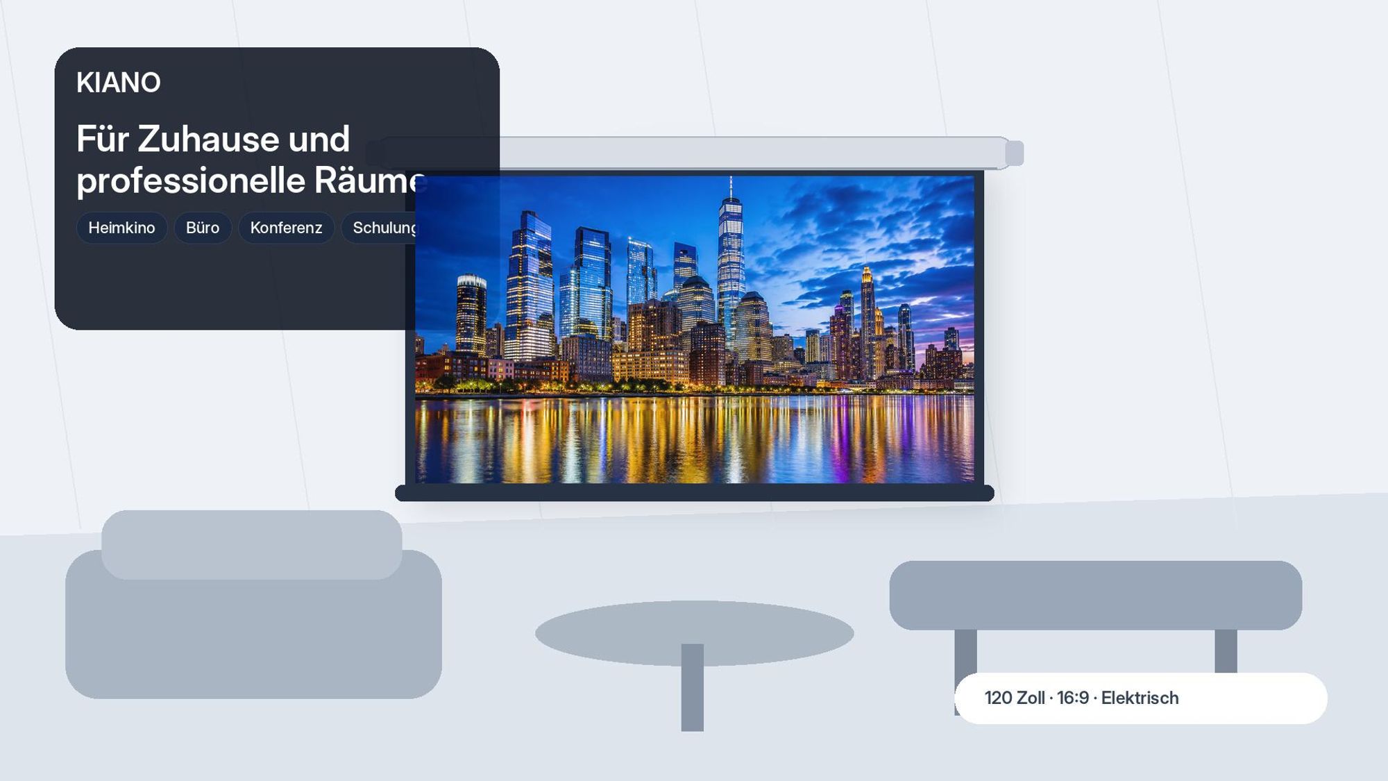 Kiano Electric 120 Zoll Beamer-Leinwand 16:9 Fiberglass, elektrisch, Wand- und Deckenmontage für Heimkino und Büro