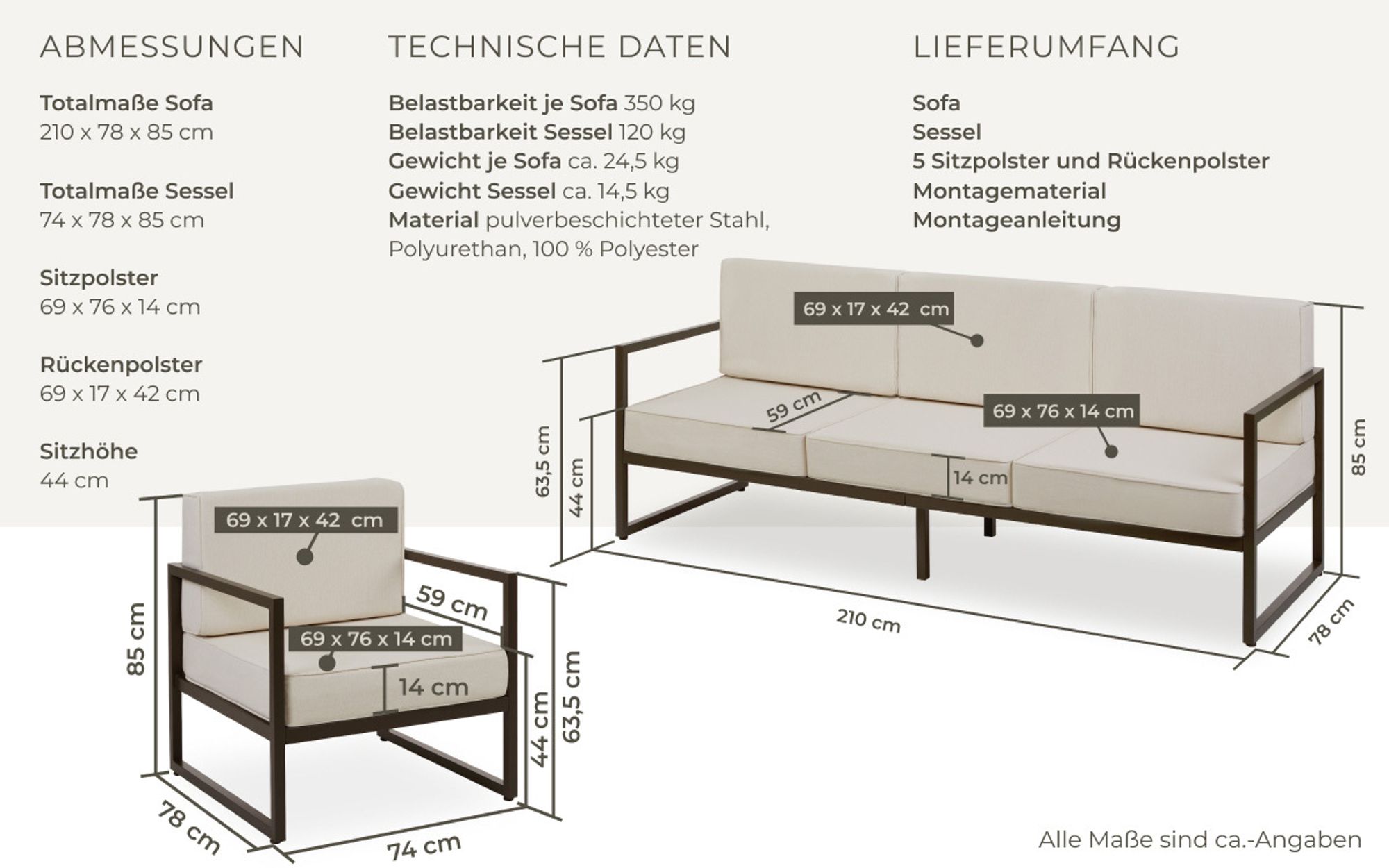 tectake® Garten-Loungeset Comosa für 5 Personen, XXL-Polsterung