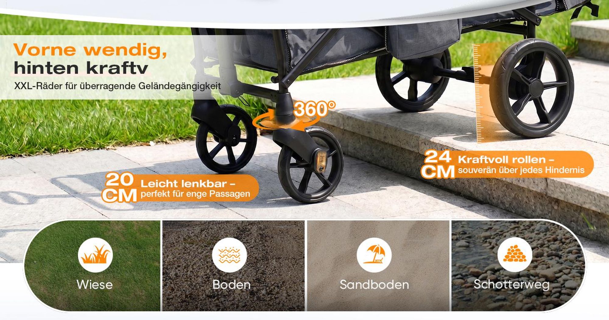 Sekey Bollerwagen Faltbar mit Dach Kinder Bollerwagen mit XXL-Rädern (24/20 cm), mit Zieh-/Schiebegriff, mit schwarz-weißer Paspelierung, Schwarz