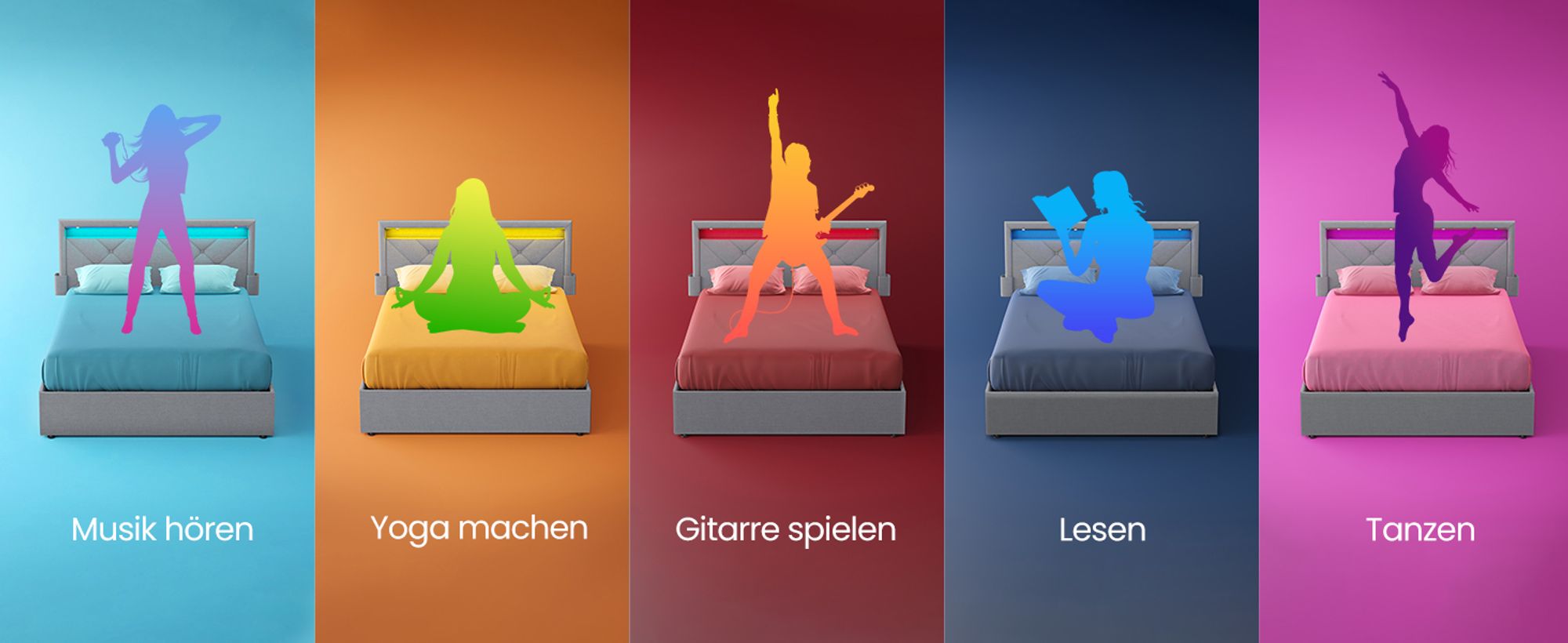 VASAGLE Doppelbettgestell, Bettgestell, 140 x 200 cm, LED, Metallbett, 4 Schubladen, Ladestation, verstellbares gepolstertes Kopfteil, Hellgrau