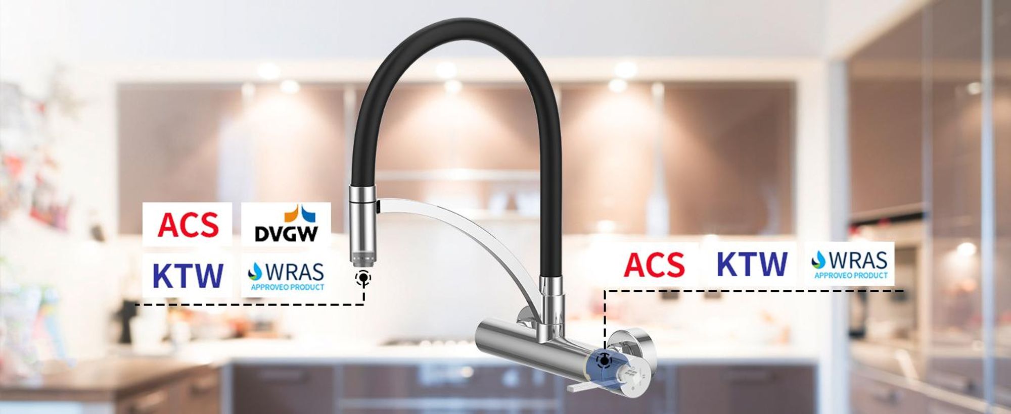 Wasserhahn Küche Messing Wandmontage Schwarz,180° drehbar Silikon in Lebensmittelqualität Wand Küchenarmatur 342 mm, Wandarmatur Flexibel Ausziehbarer